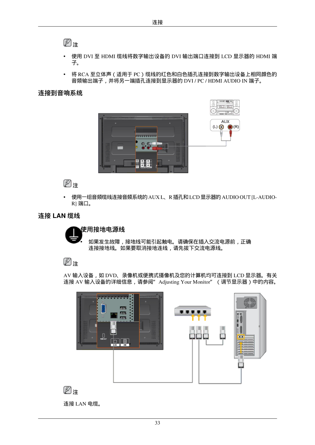 Samsung LH40MGPLBC/EN manual 连接到音响系统, 连接 Lan 缆线 使用接地电源线, 使用一组音频缆线连接音频系统的aux L、R 插孔和lcd 显示器的audio Out L-Audio- R 端口。 