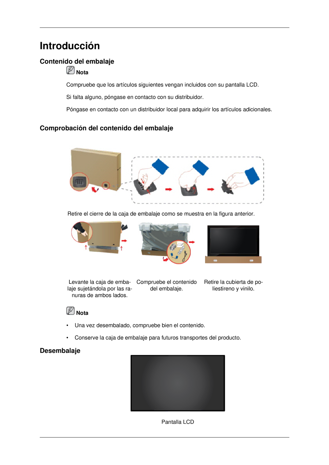 Samsung LH46MRPLBF/EN, LH40MRTLBC/EN manual Contenido del embalaje, Comprobación del contenido del embalaje, Desembalaje 