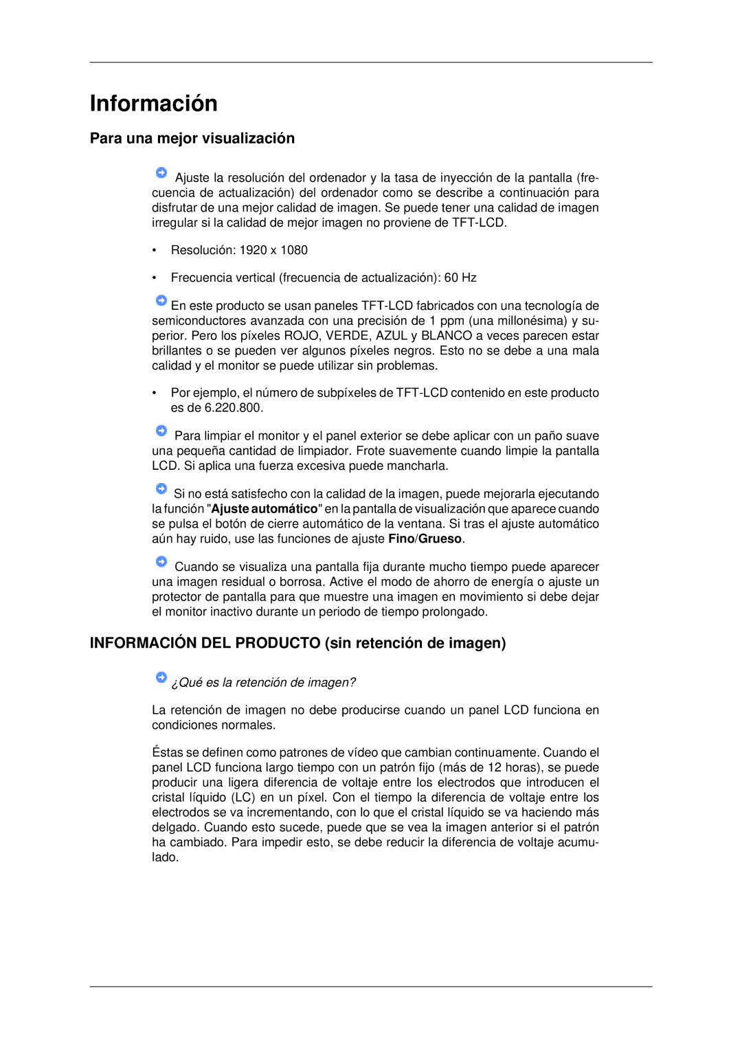 Samsung LH46MRPLBF/EN, LH40MRTLBC/EN manual Para una mejor visualización, Información DEL Producto sin retención de imagen 