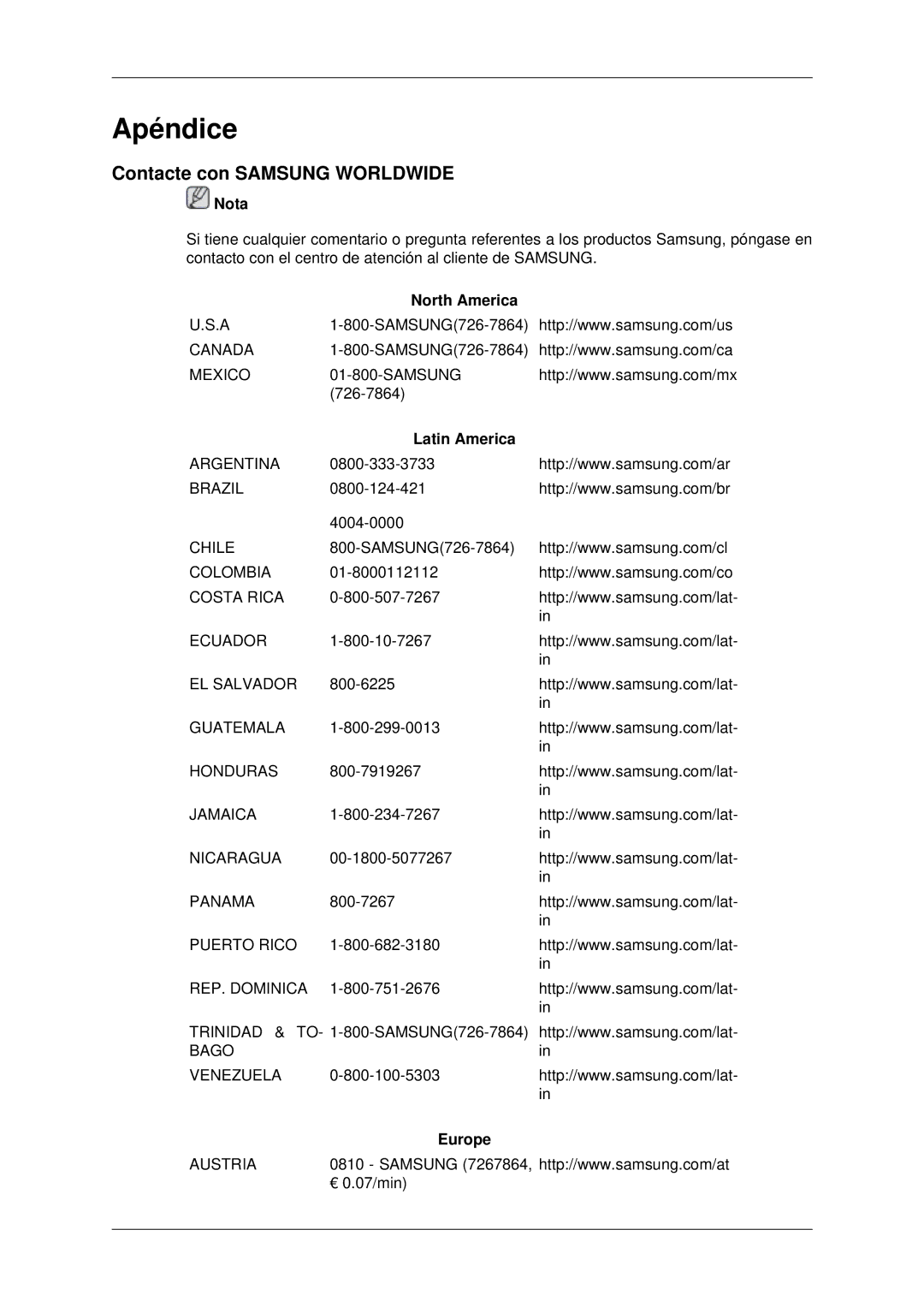 Samsung LH46MRPLBF/EN, LH40MRTLBC/EN, LH40MRPLBF/EN Contacte con Samsung Worldwide, North America, Latin America, Europe 