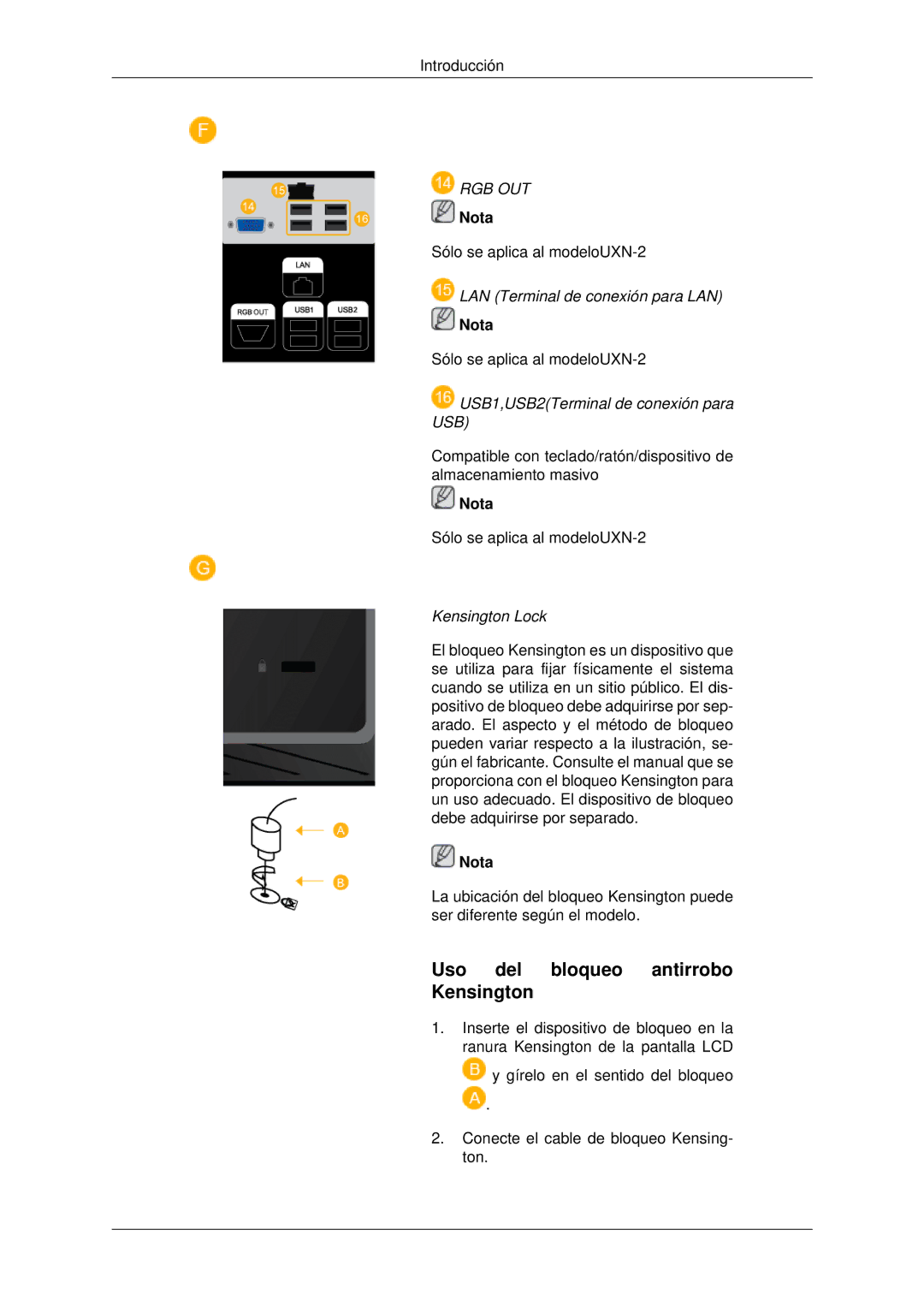 Samsung LH40MRPLBF/EN, LH46MRPLBF/EN, LH40MRTLBC/EN, LH46MRTLBC/EN Uso del bloqueo antirrobo Kensington, Kensington Lock 