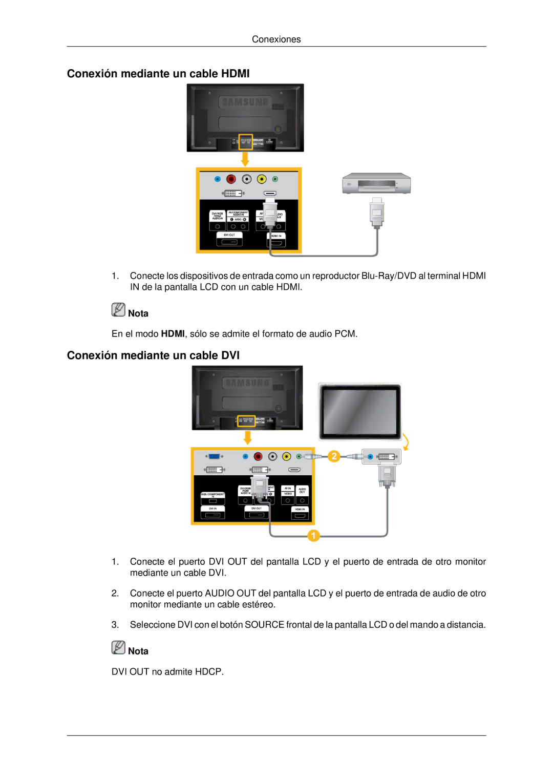 Samsung LH40MRPLBF/EN, LH46MRPLBF/EN, LH40MRTLBC/EN manual Conexión mediante un cable Hdmi, Conexión mediante un cable DVI 