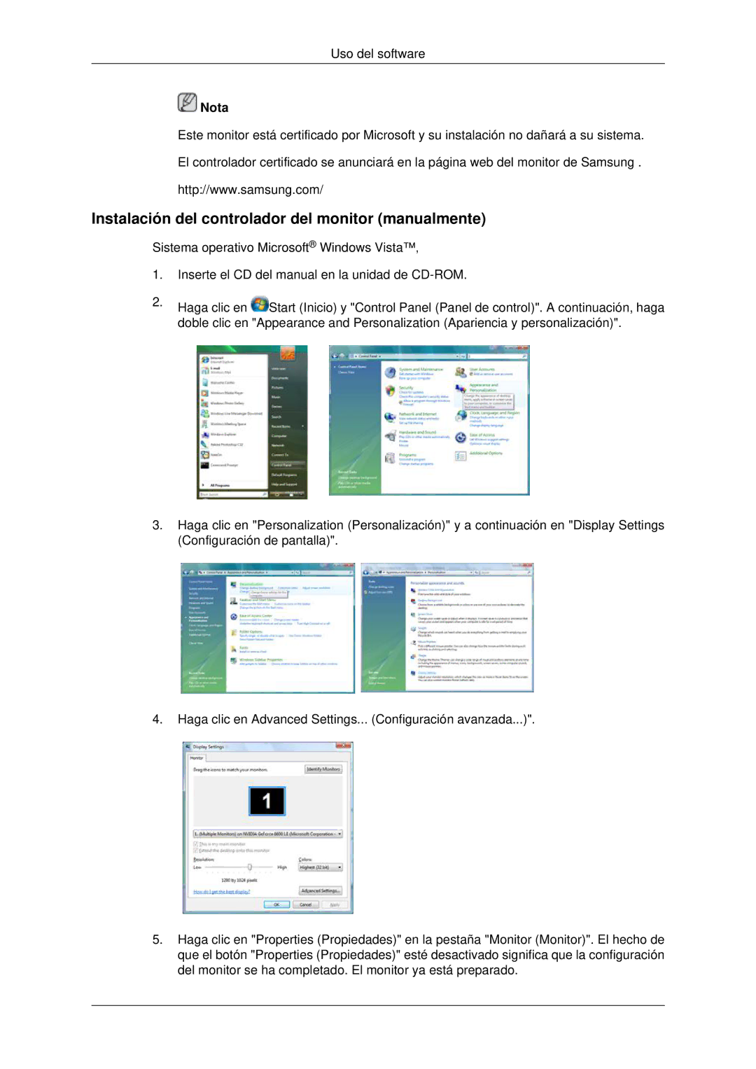 Samsung LH46MRTLBC/EN, LH46MRPLBF/EN, LH40MRTLBC/EN, LH40MRPLBF/EN Instalación del controlador del monitor manualmente 