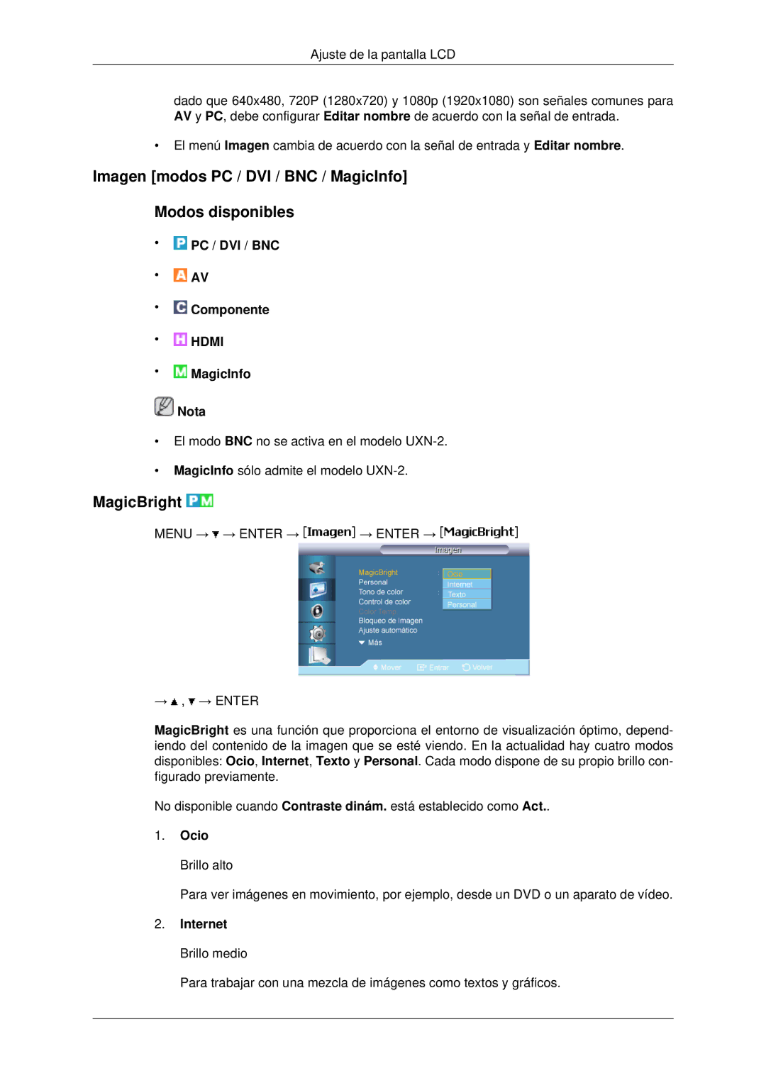 Samsung LH46MRTLBC/EN manual Imagen modos PC / DVI / BNC / MagicInfo Modos disponibles, MagicBright, Ocio Brillo alto 