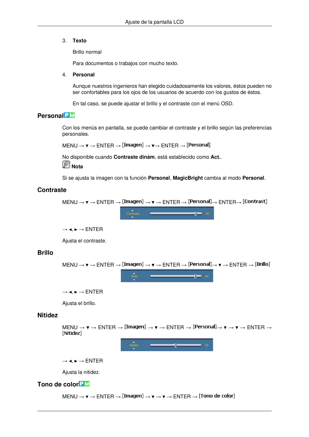 Samsung LH46MSTLBB/EN, LH46MRPLBF/EN, LH40MRTLBC/EN, LH40MRPLBF/EN manual Personal, Contraste, Brillo, Nitidez, Tono de color 