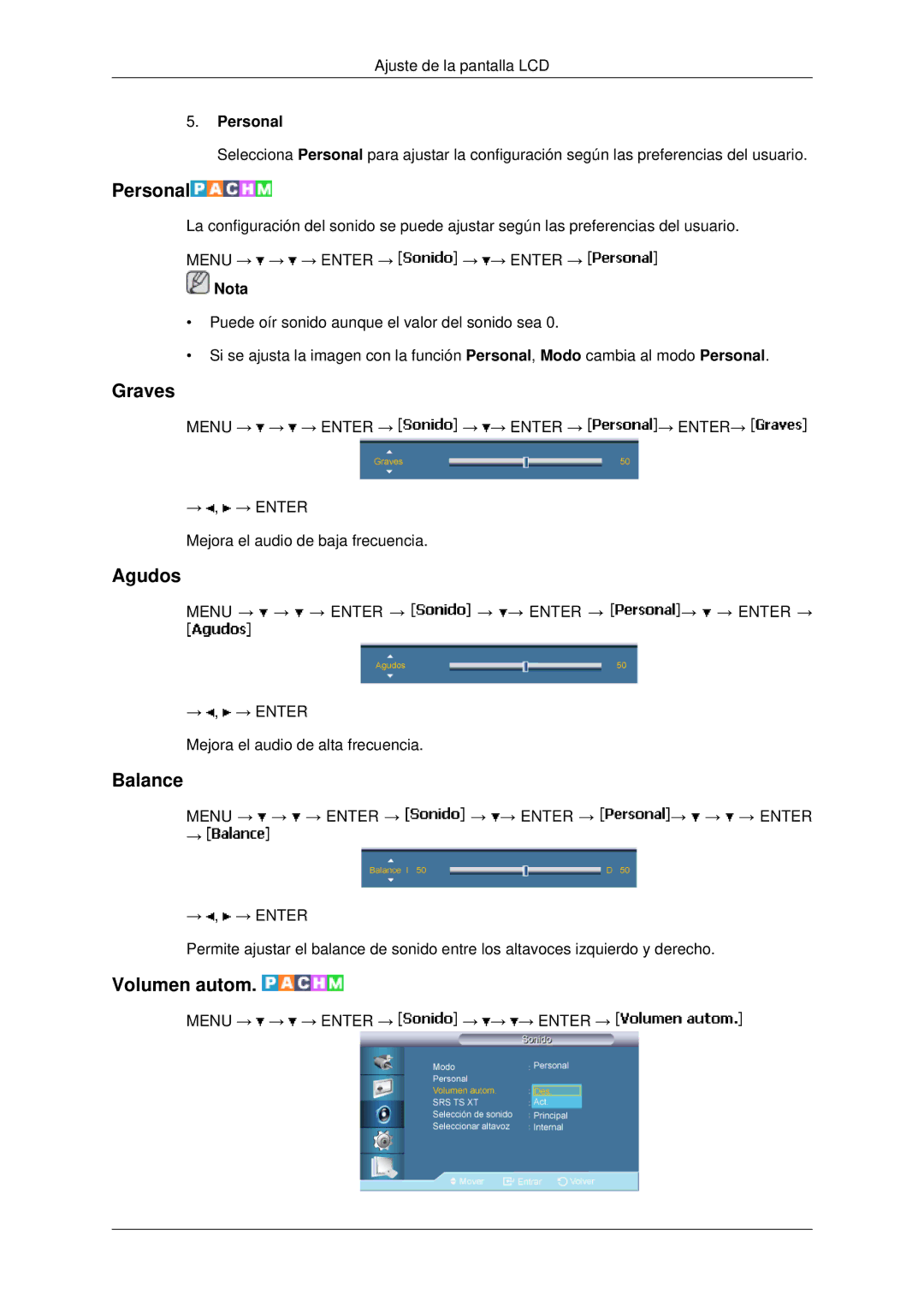 Samsung LH46MRPLBF/EN, LH40MRTLBC/EN, LH40MRPLBF/EN, LH46MRTLBC/EN, LH46MSTLBB/EN manual Graves, Agudos, Balance, Volumen autom 