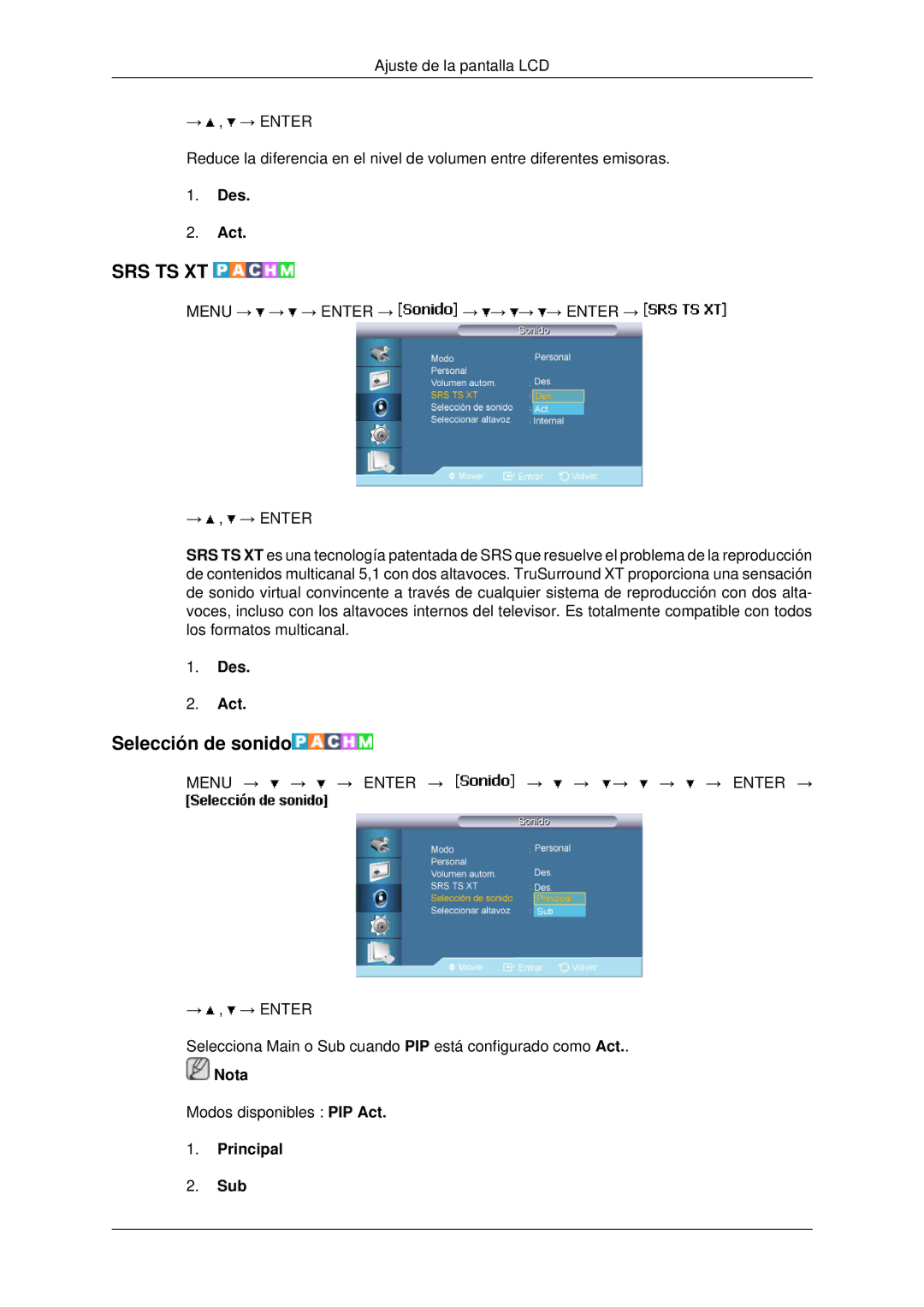 Samsung LH40MRTLBC/EN, LH46MRPLBF/EN, LH40MRPLBF/EN, LH46MRTLBC/EN, LH46MSTLBB/EN manual Selección de sonido, Principal Sub 