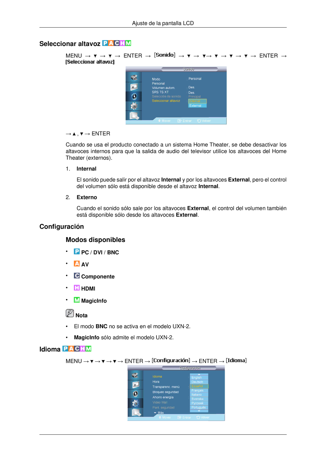 Samsung LH40MRPLBF/EN, LH46MRPLBF/EN manual Seleccionar altavoz, Configuración Modos disponibles, Idioma, Internal, Externo 