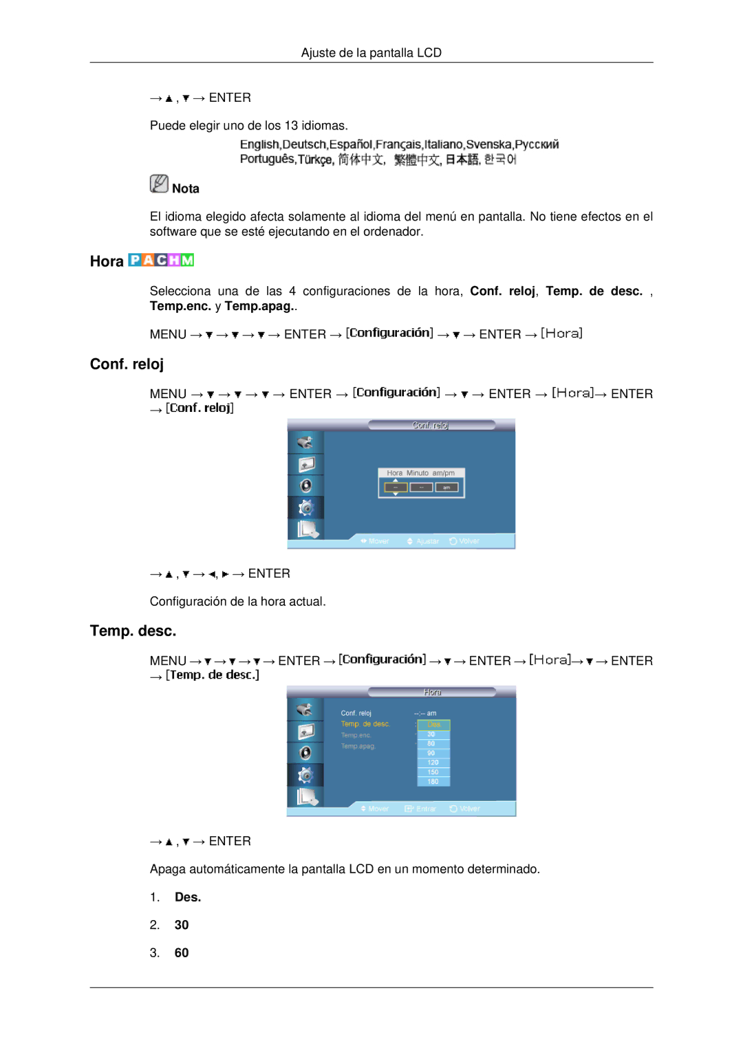 Samsung LH46MRTLBC/EN, LH46MRPLBF/EN, LH40MRTLBC/EN, LH40MRPLBF/EN, LH46MSTLBB/EN manual Hora, Conf. reloj, Temp. desc, Des 