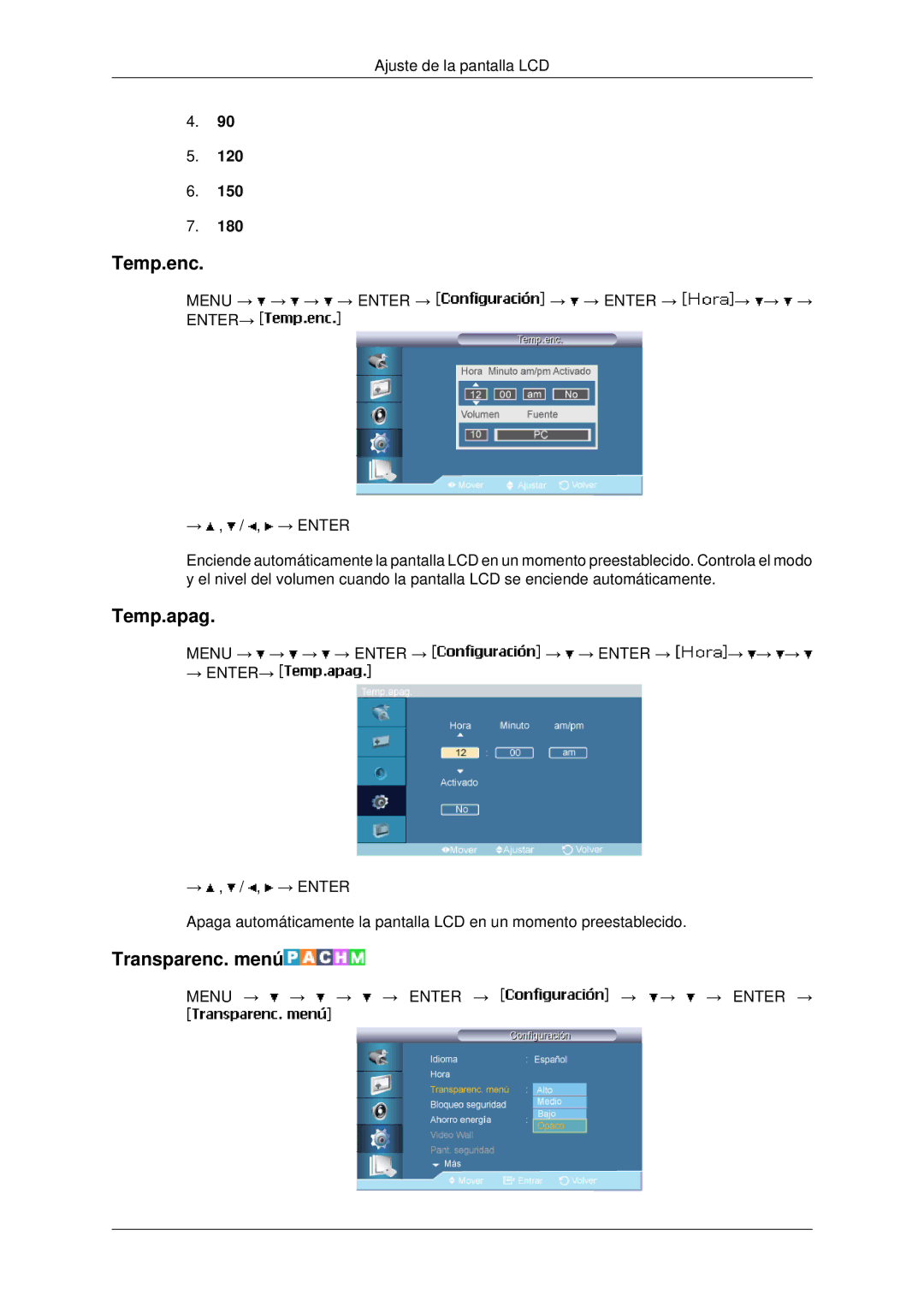 Samsung LH46MSTLBB/EN, LH46MRPLBF/EN, LH40MRTLBC/EN, LH40MRPLBF/EN, LH46MRTLBC/EN manual Temp.enc, Temp.apag, Transparenc. menú 