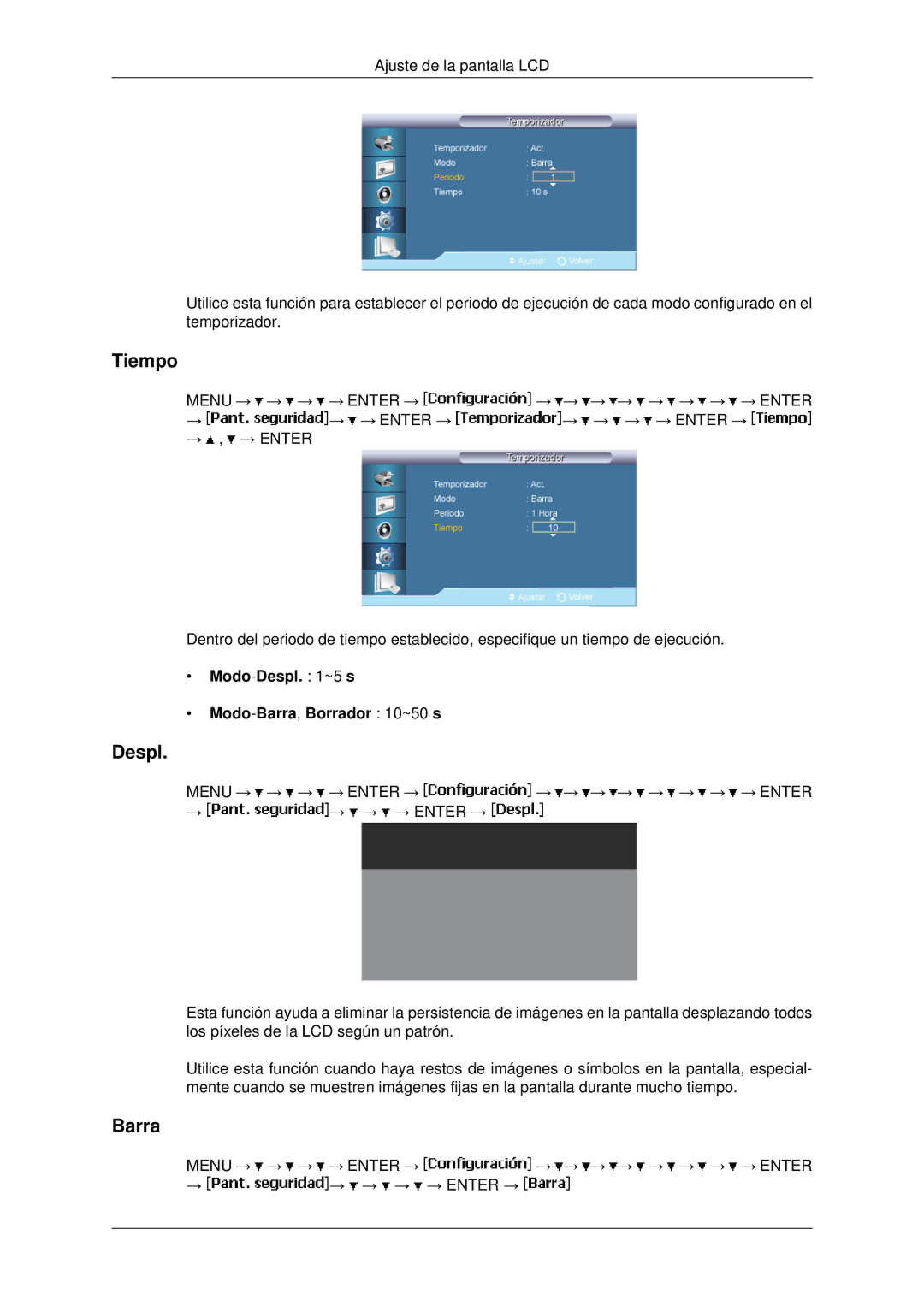 Samsung LH40MRTLBC/EN, LH46MRPLBF/EN, LH40MRPLBF/EN, LH46MRTLBC/EN manual Modo-Despl ~5 s Modo-Barra,Borrador 10~50 s 