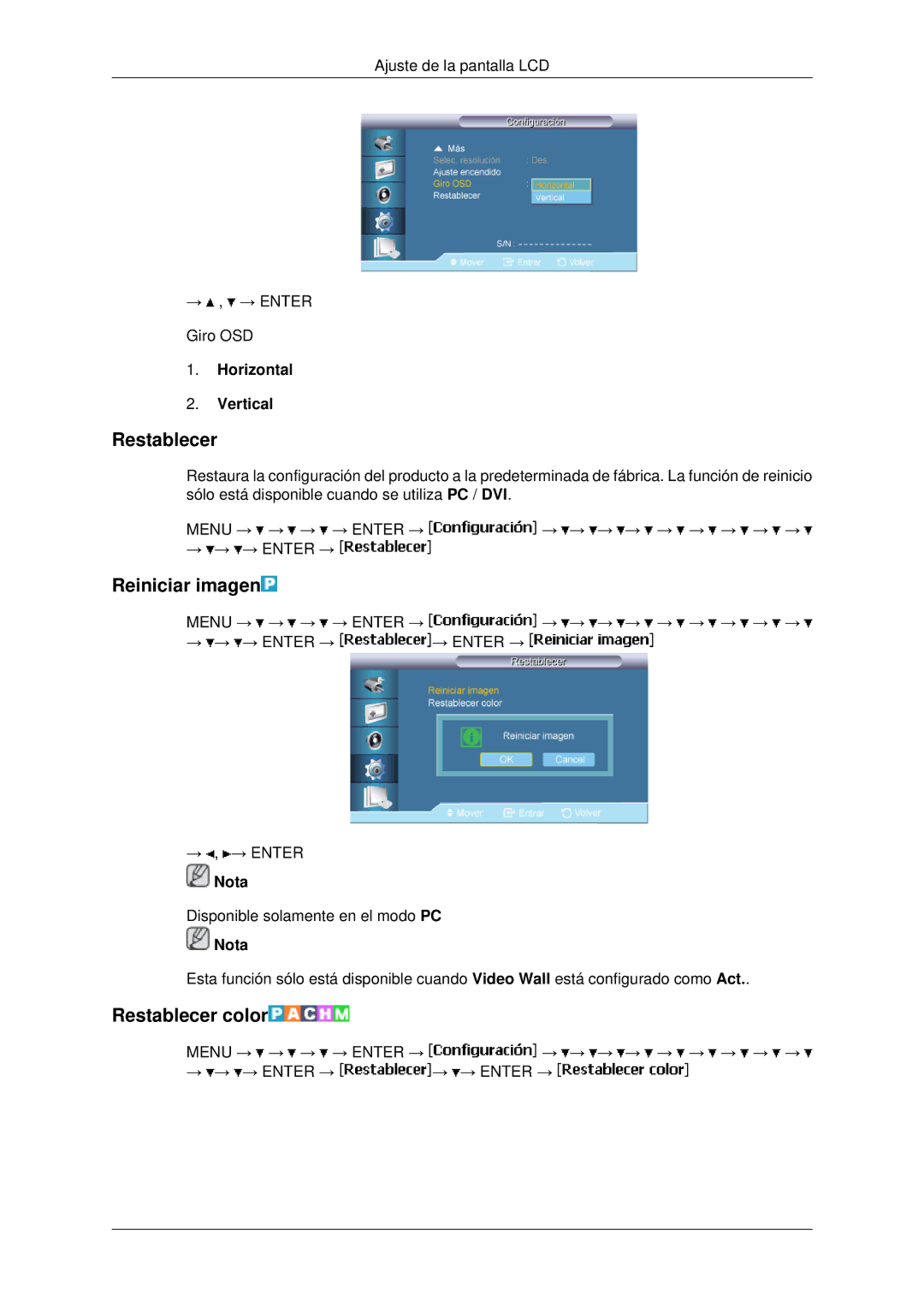 Samsung LH46MSTLBB/EN, LH46MRPLBF/EN, LH40MRTLBC/EN manual Reiniciar imagen, Restablecer color, Horizontal Vertical 