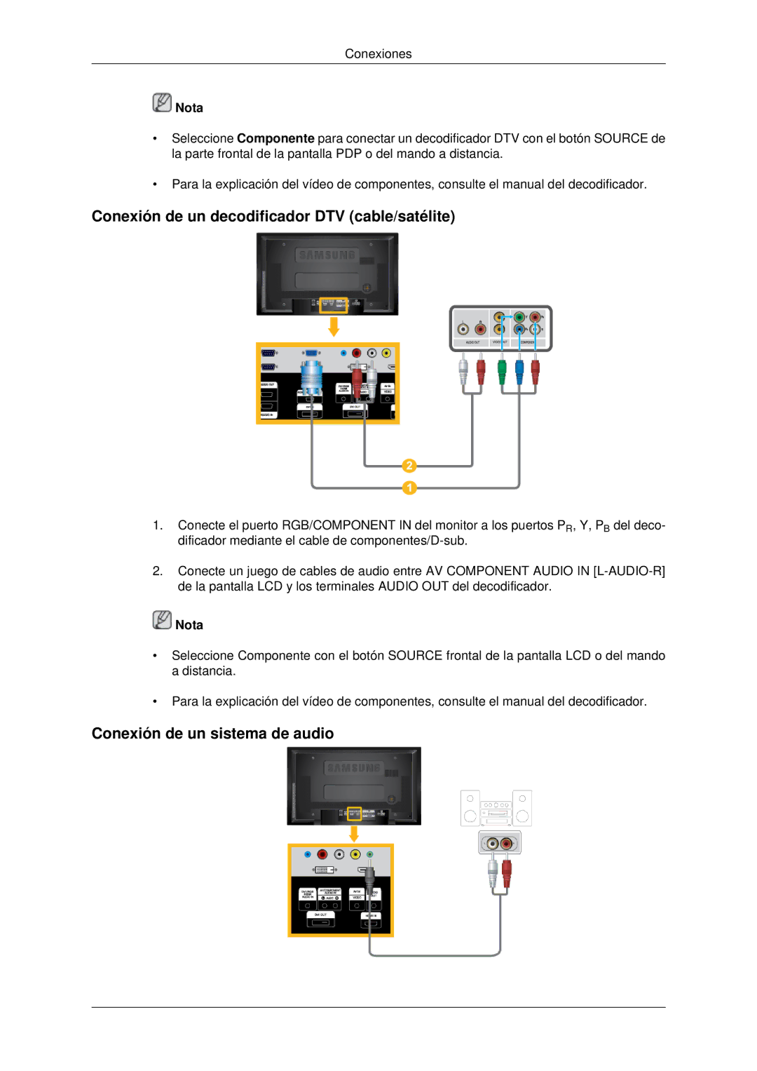 Samsung LH46MRTLBC/EN, LH46MRPLBF/EN manual Conexión de un decodificador DTV cable/satélite, Conexión de un sistema de audio 