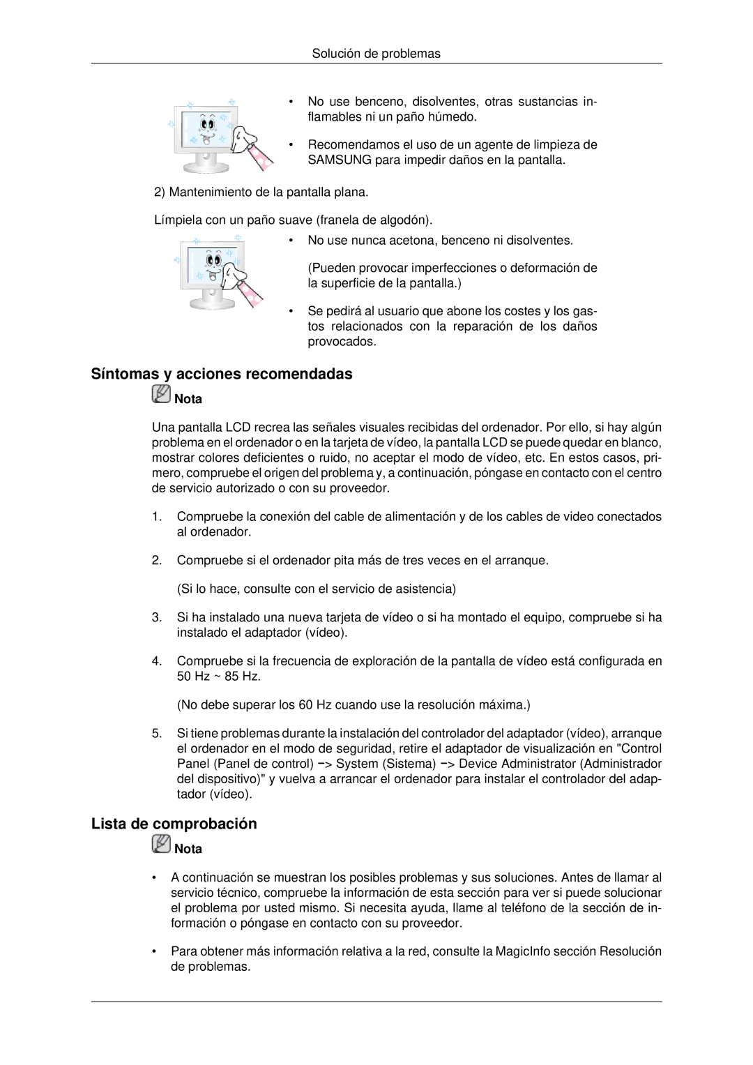 Samsung LH40MRTLBC/EN, LH46MRPLBF/EN, LH40MRPLBF/EN, LH46MRTLBC/EN Síntomas y acciones recomendadas, Lista de comprobación 