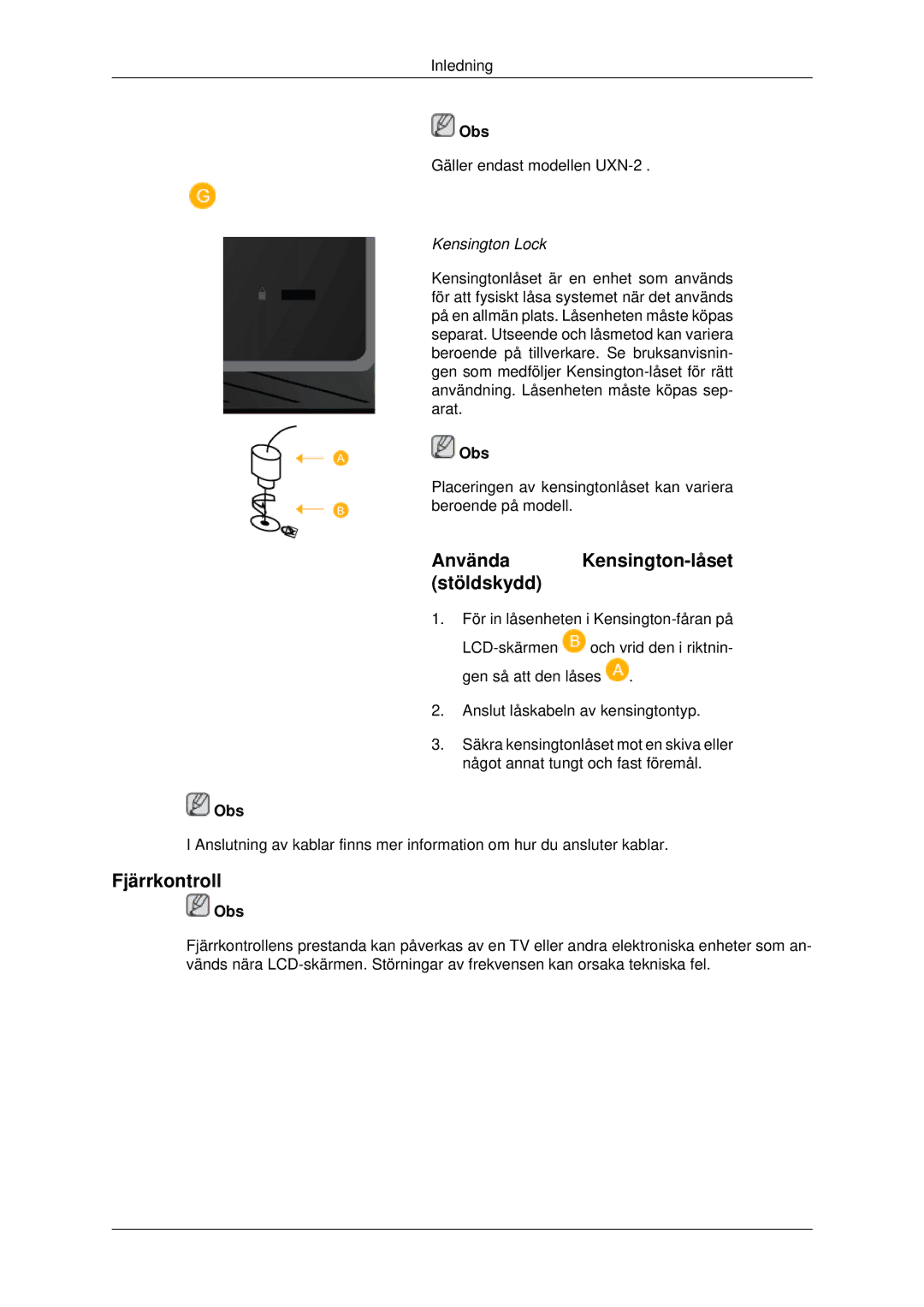 Samsung LH40MRPLBF/EN, LH46MRPLBF/EN, LH40MRTLBC/EN, LH46MRTLBC/EN manual Använda Kensington-låset stöldskydd, Fjärrkontroll 