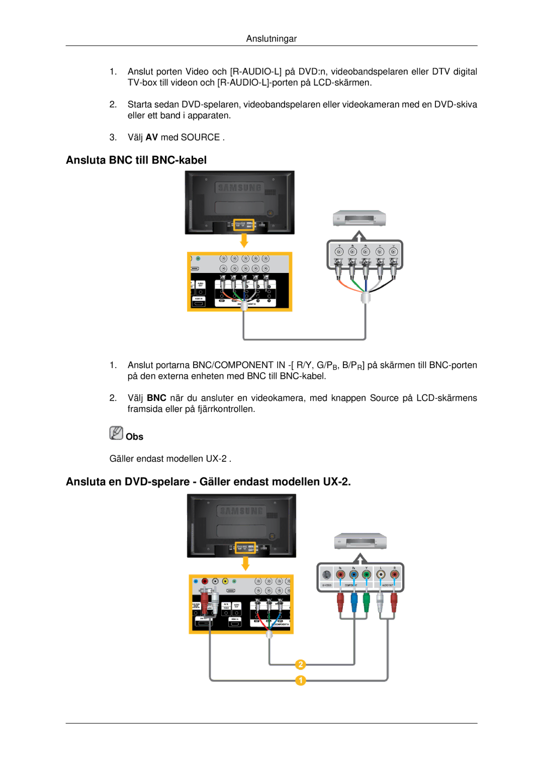 Samsung LH46MSTLBB/EN, LH46MRPLBF/EN manual Ansluta BNC till BNC-kabel, Ansluta en DVD-spelare Gäller endast modellen UX-2 