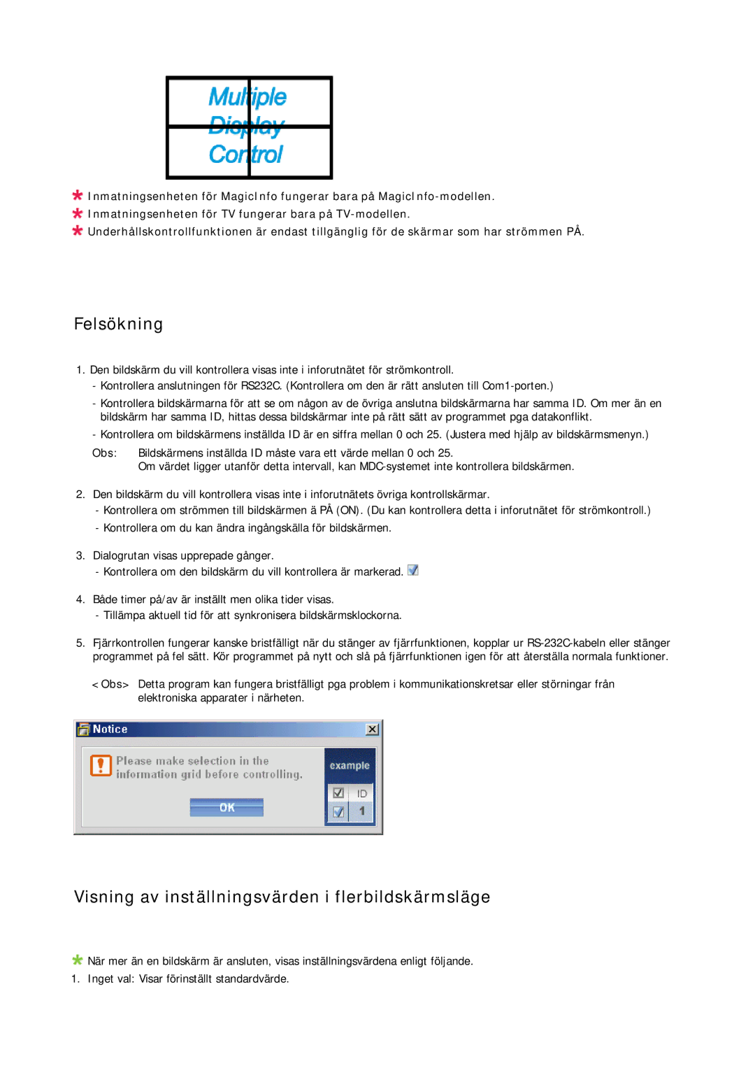 Samsung LH40MRTLBC/EN, LH46MRPLBF/EN, LH40MRPLBF/EN manual Felsökning, Visning av inställningsvärden i flerbildskärmsläge 