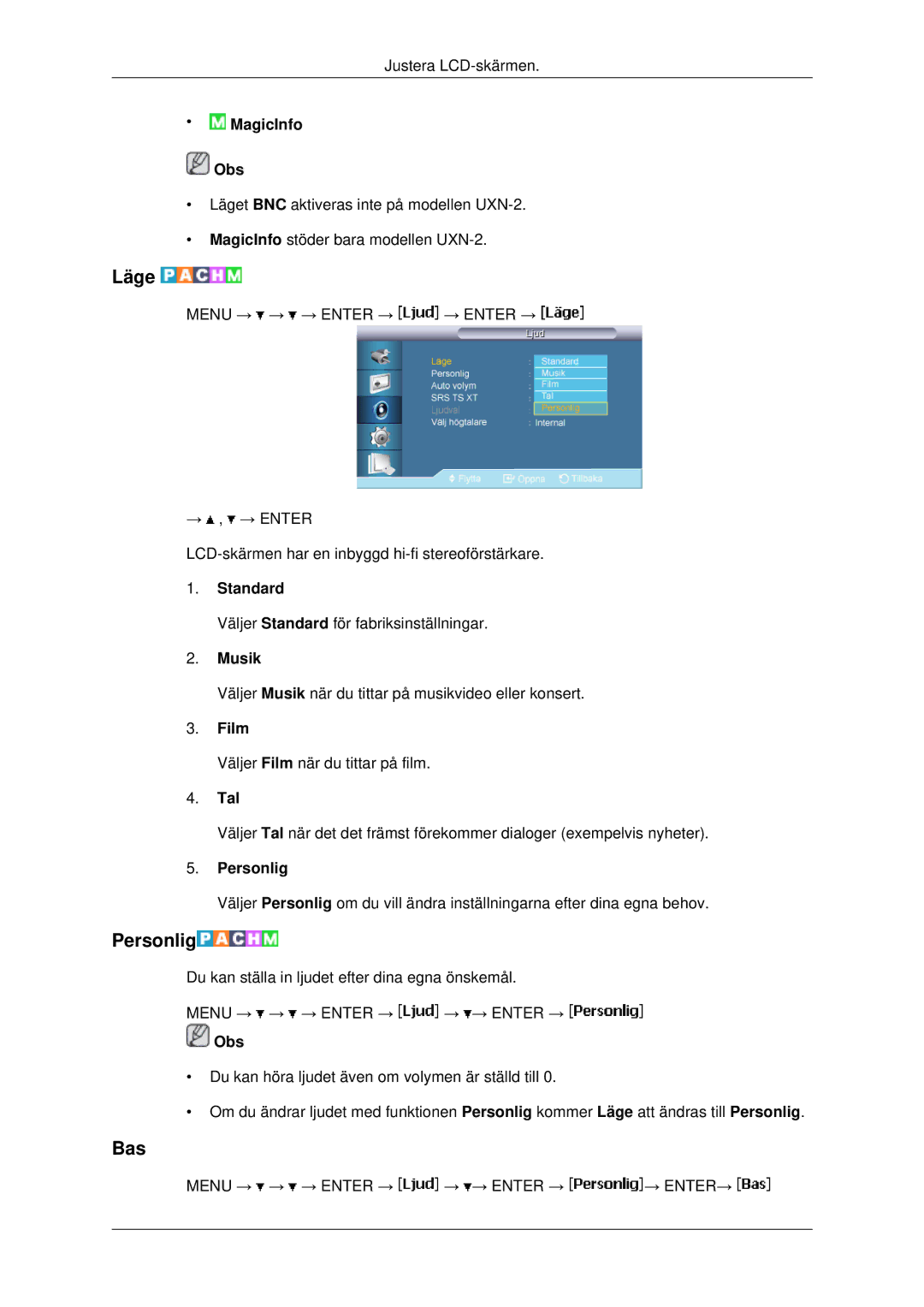 Samsung LH46MRTLBC/EN, LH46MRPLBF/EN, LH40MRTLBC/EN, LH40MRPLBF/EN, LH46MSTLBB/EN manual Bas, Standard, Musik, Film, Tal 