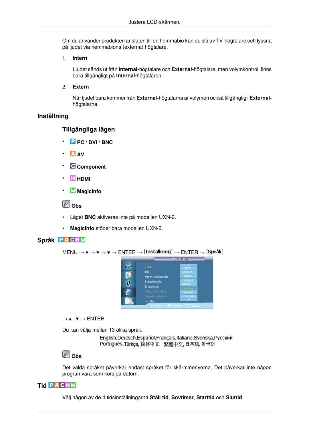 Samsung LH40MRTLBC/EN, LH46MRPLBF/EN, LH40MRPLBF/EN manual Inställning Tillgängliga lägen, Språk, Tid, Intern, Extern 