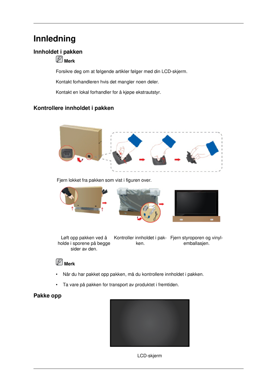 Samsung LH46MRPLBF/EN, LH40MRTLBC/EN, LH40MRPLBF/EN manual Innholdet i pakken, Kontrollere innholdet i pakken, Pakke opp 