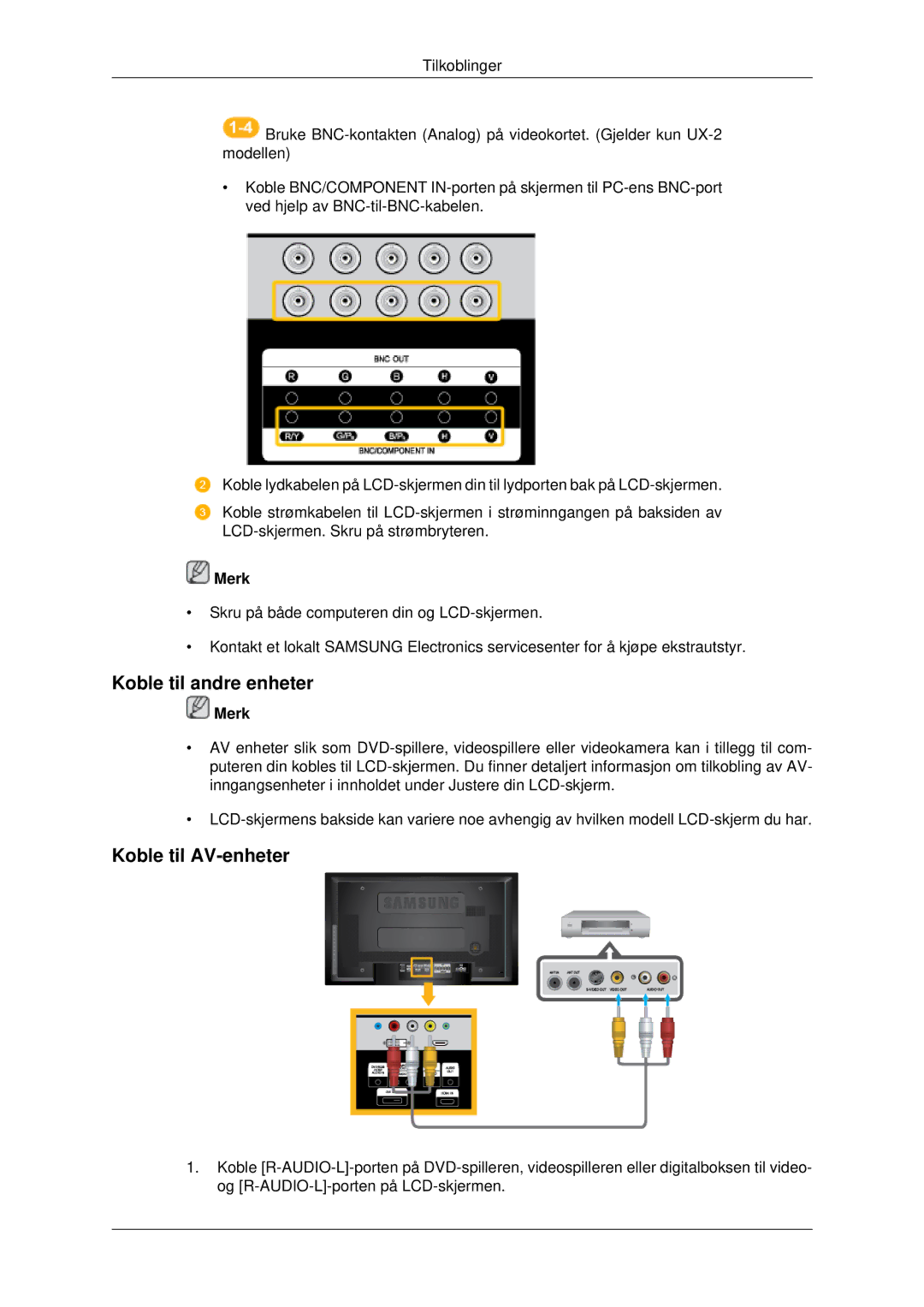 Samsung LH46MRTLBC/EN, LH46MRPLBF/EN, LH40MRTLBC/EN, LH40MRPLBF/EN manual Koble til andre enheter, Koble til AV-enheter 