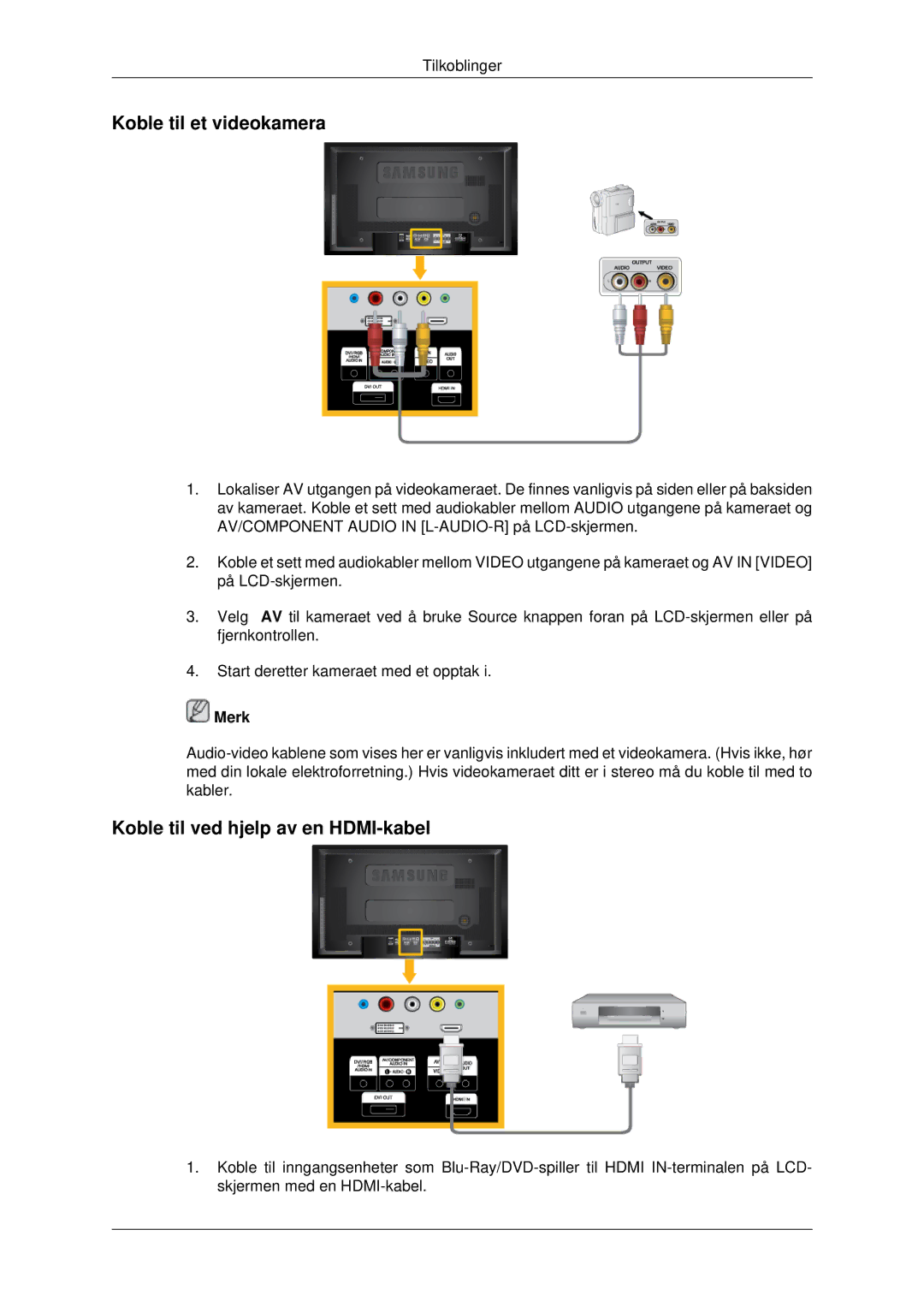 Samsung LH40MRTLBC/EN, LH46MRPLBF/EN, LH40MRPLBF/EN manual Koble til et videokamera, Koble til ved hjelp av en HDMI-kabel 