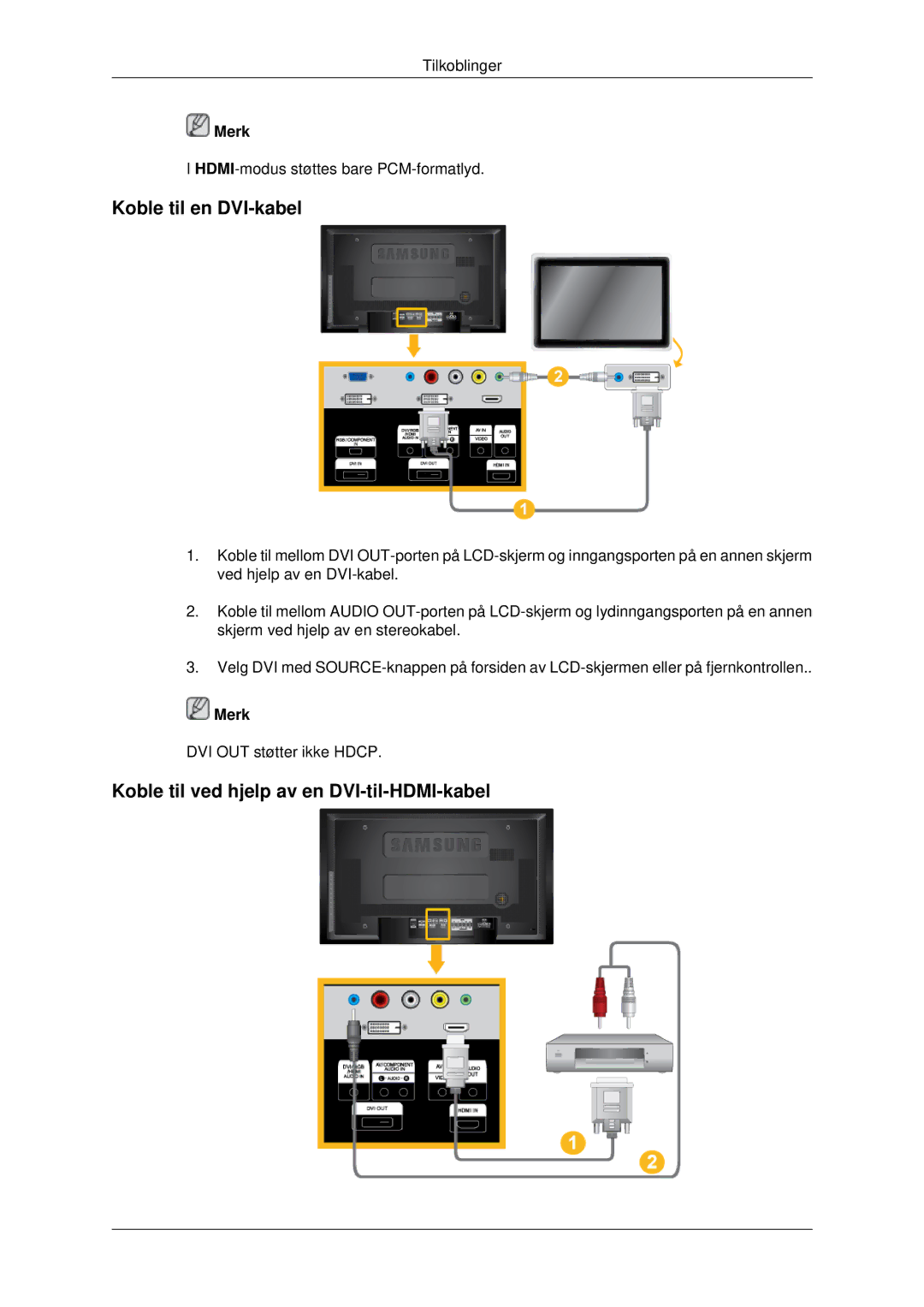 Samsung LH40MRPLBF/EN, LH46MRPLBF/EN, LH40MRTLBC/EN Koble til en DVI-kabel, Koble til ved hjelp av en DVI-til-HDMI-kabel 