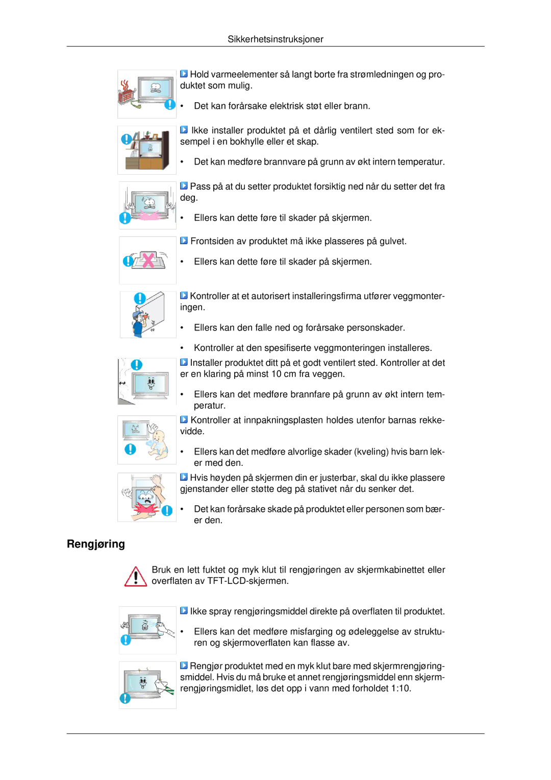 Samsung LH46MSTLBB/EN, LH46MRPLBF/EN, LH40MRTLBC/EN, LH40MRPLBF/EN, LH46MRTLBC/EN manual Rengjøring 