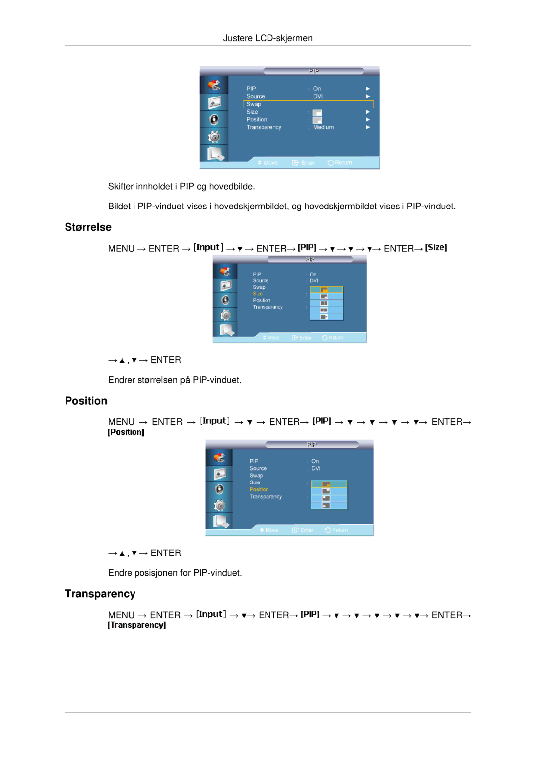 Samsung LH46MRPLBF/EN, LH40MRTLBC/EN, LH40MRPLBF/EN, LH46MRTLBC/EN, LH46MSTLBB/EN manual Størrelse, Position, Transparency 