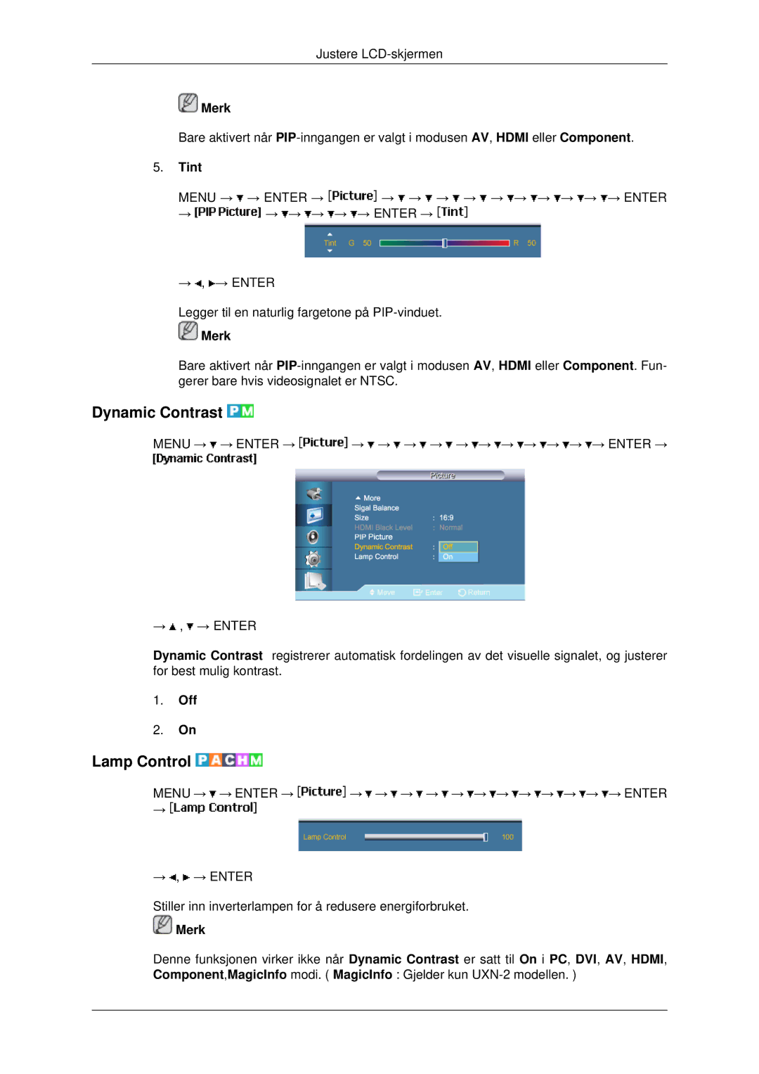 Samsung LH46MRPLBF/EN, LH40MRTLBC/EN, LH40MRPLBF/EN, LH46MRTLBC/EN, LH46MSTLBB/EN manual Dynamic Contrast, Lamp Control, Tint 