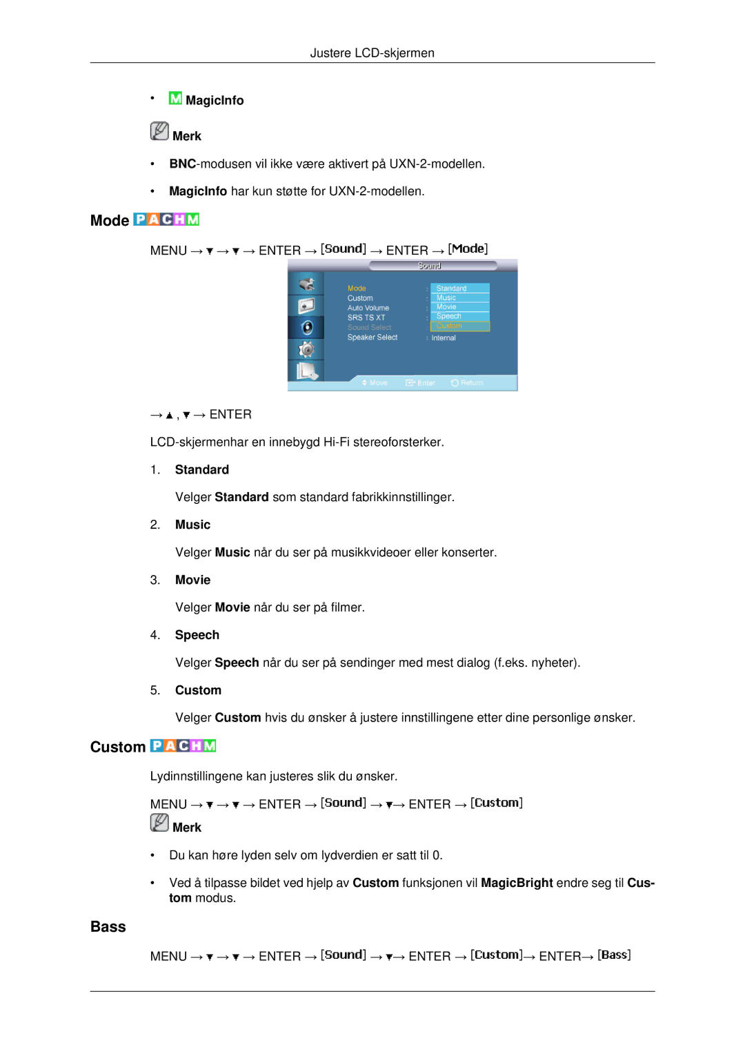 Samsung LH46MRTLBC/EN, LH46MRPLBF/EN, LH40MRTLBC/EN, LH40MRPLBF/EN, LH46MSTLBB/EN manual Bass, Standard, Music, Movie, Speech 