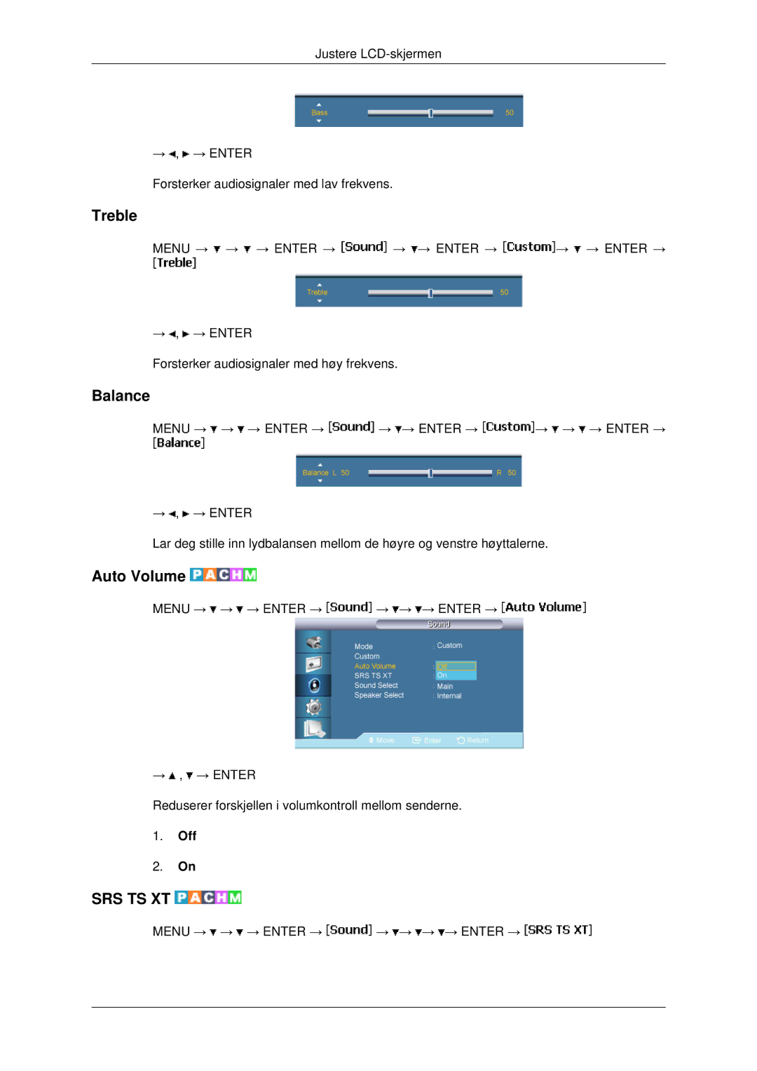 Samsung LH46MSTLBB/EN, LH46MRPLBF/EN, LH40MRTLBC/EN, LH40MRPLBF/EN, LH46MRTLBC/EN manual Treble, Balance, Auto Volume 