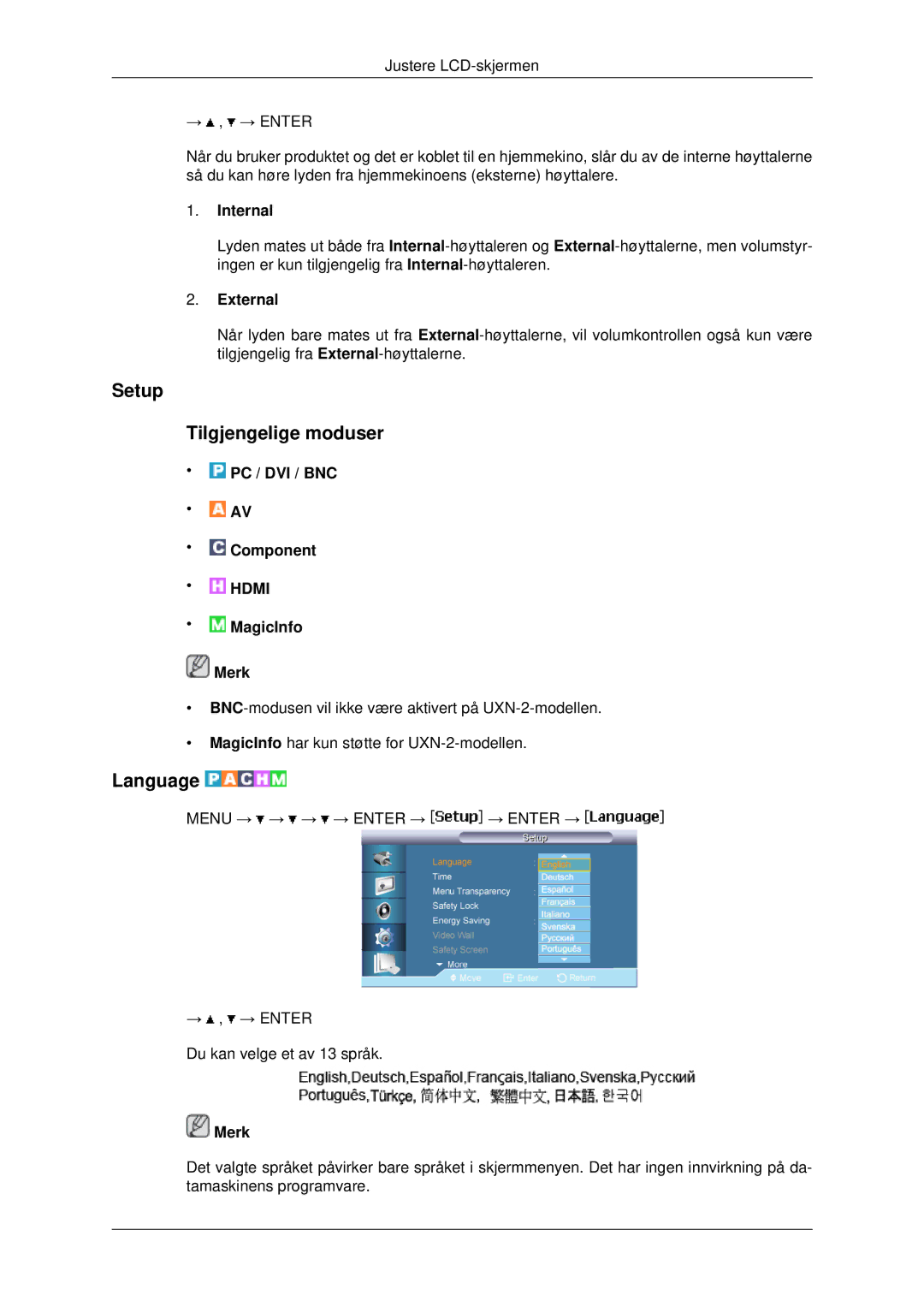 Samsung LH40MRTLBC/EN, LH46MRPLBF/EN, LH40MRPLBF/EN, LH46MRTLBC/EN Setup Tilgjengelige moduser, Language, Internal, External 