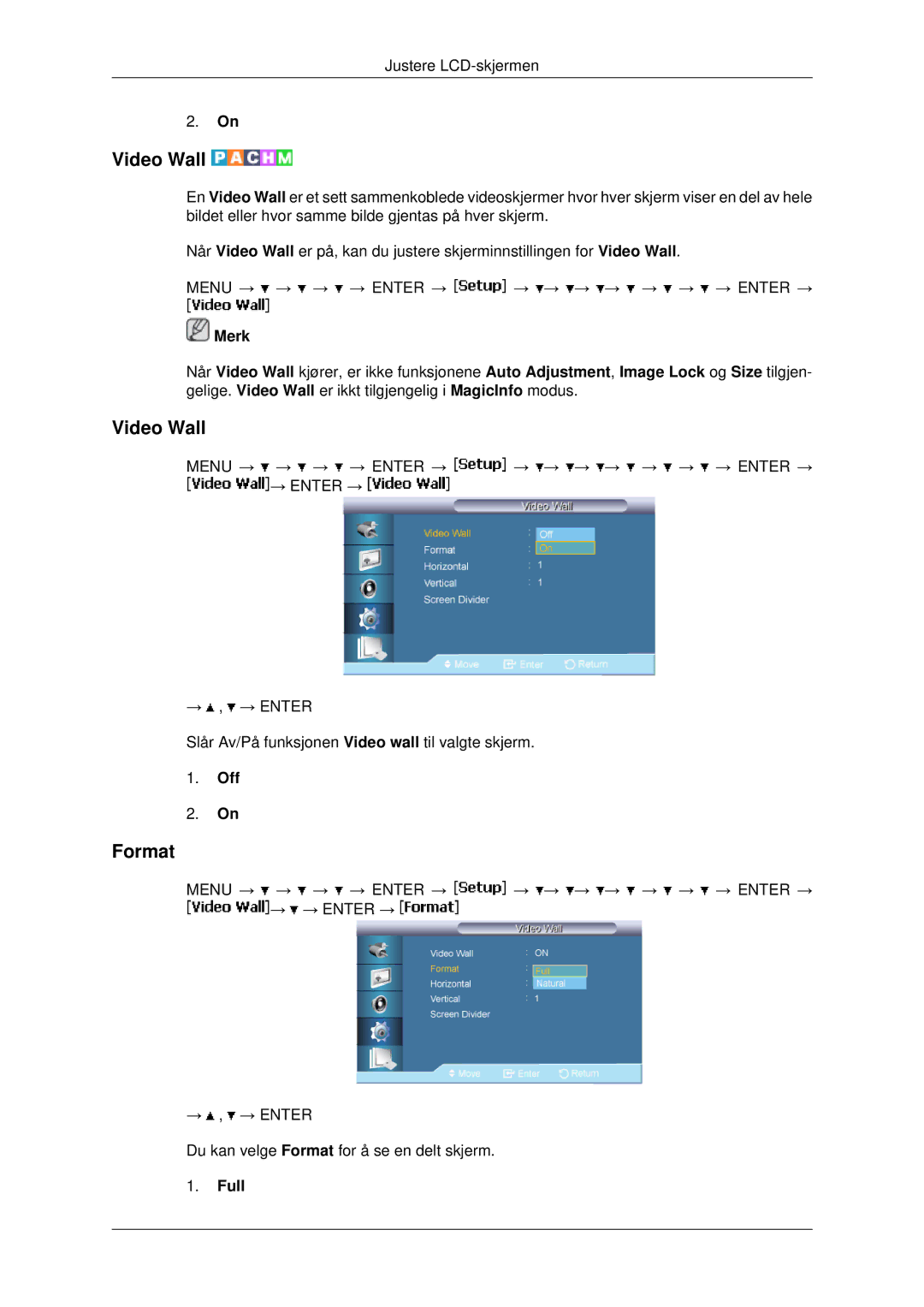 Samsung LH46MRPLBF/EN, LH40MRTLBC/EN, LH40MRPLBF/EN, LH46MRTLBC/EN, LH46MSTLBB/EN manual Video Wall, Format, Full 