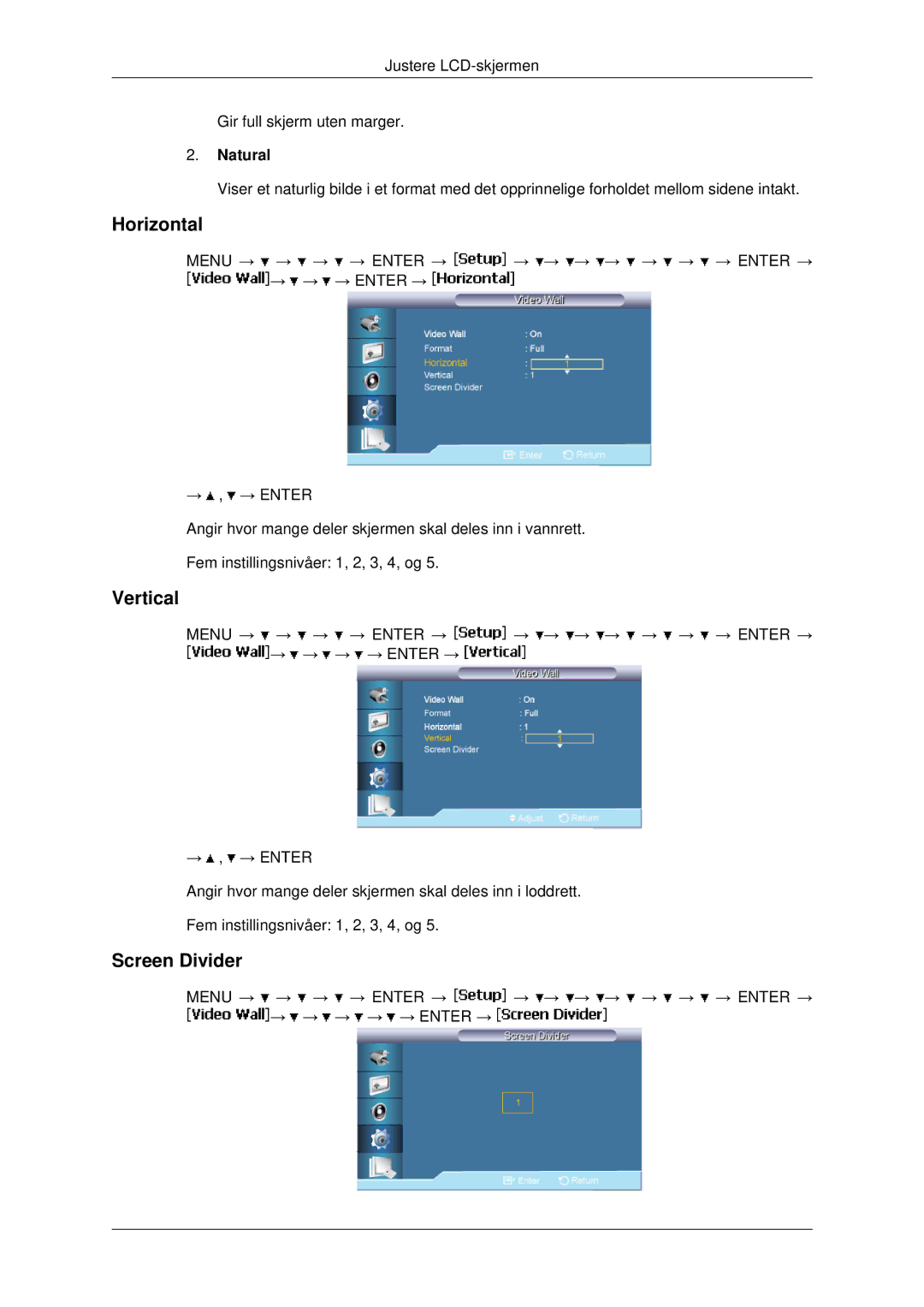 Samsung LH40MRTLBC/EN, LH46MRPLBF/EN, LH40MRPLBF/EN, LH46MRTLBC/EN manual Horizontal, Vertical, Screen Divider, Natural 