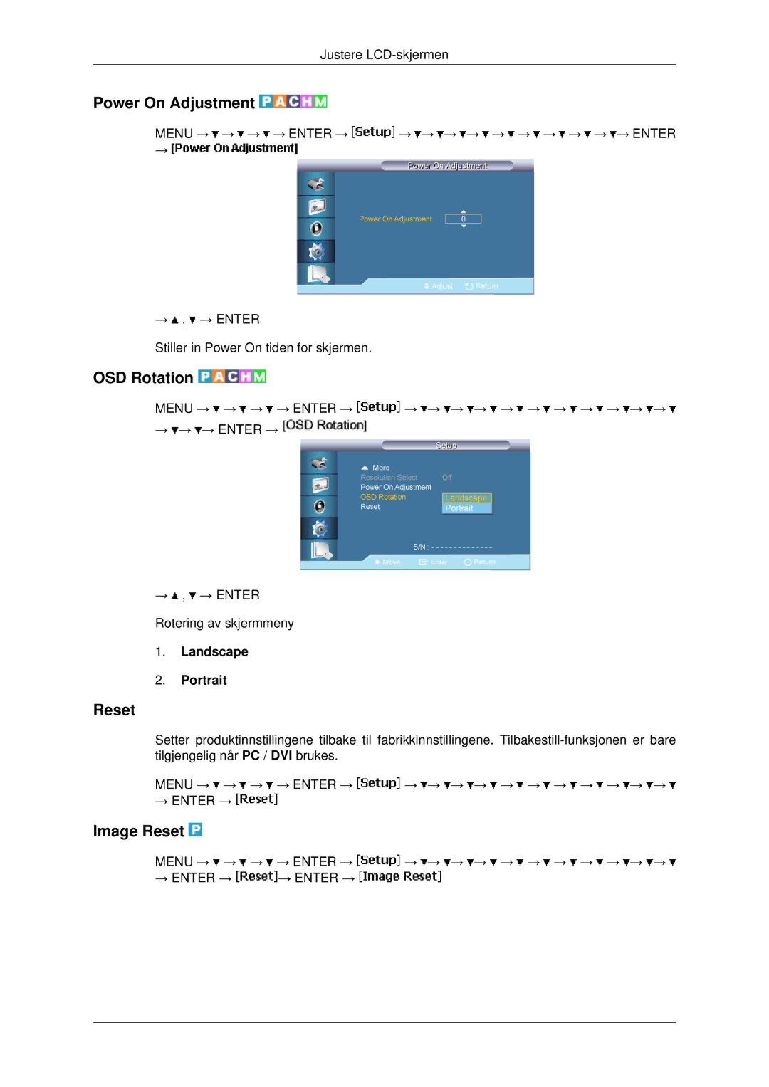 Samsung LH40MRPLBF/EN, LH46MRPLBF/EN, LH40MRTLBC/EN Power On Adjustment, OSD Rotation, Image Reset, Landscape Portrait 