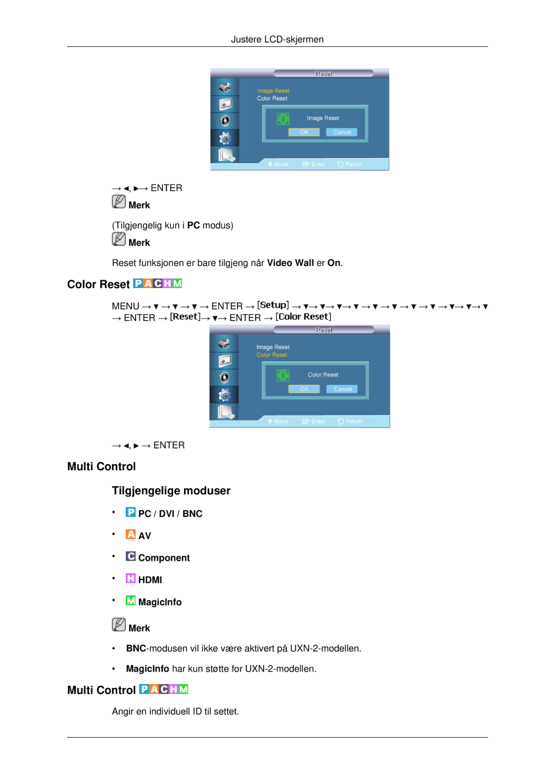 Samsung LH46MRTLBC/EN, LH46MRPLBF/EN, LH40MRTLBC/EN, LH40MRPLBF/EN manual Color Reset, Multi Control Tilgjengelige moduser 