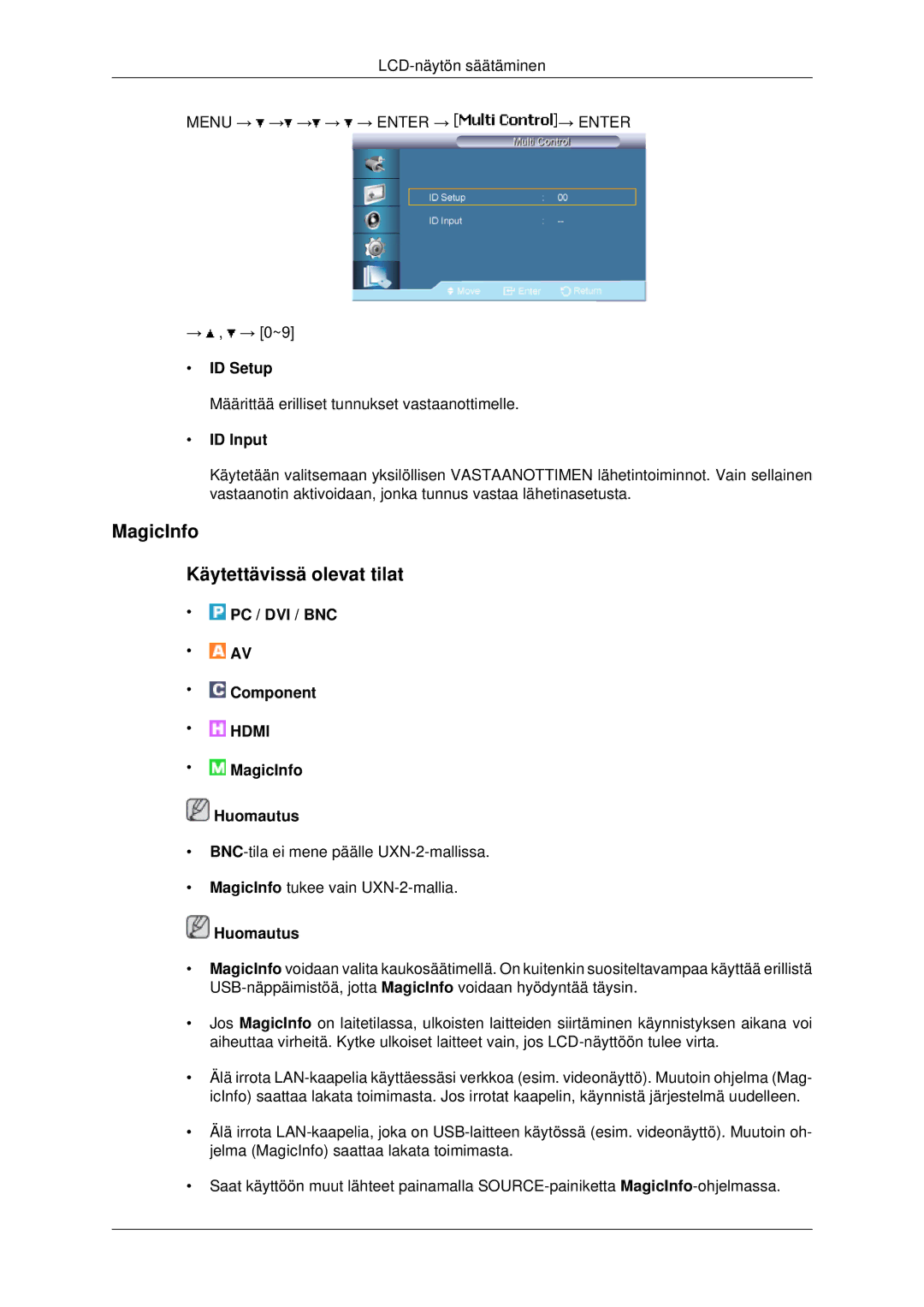 Samsung LH46MRPLBF/EN, LH40MRTLBC/EN, LH40MRPLBF/EN, LH46MRTLBC/EN MagicInfo Käytettävissä olevat tilat, ID Setup, ID Input 