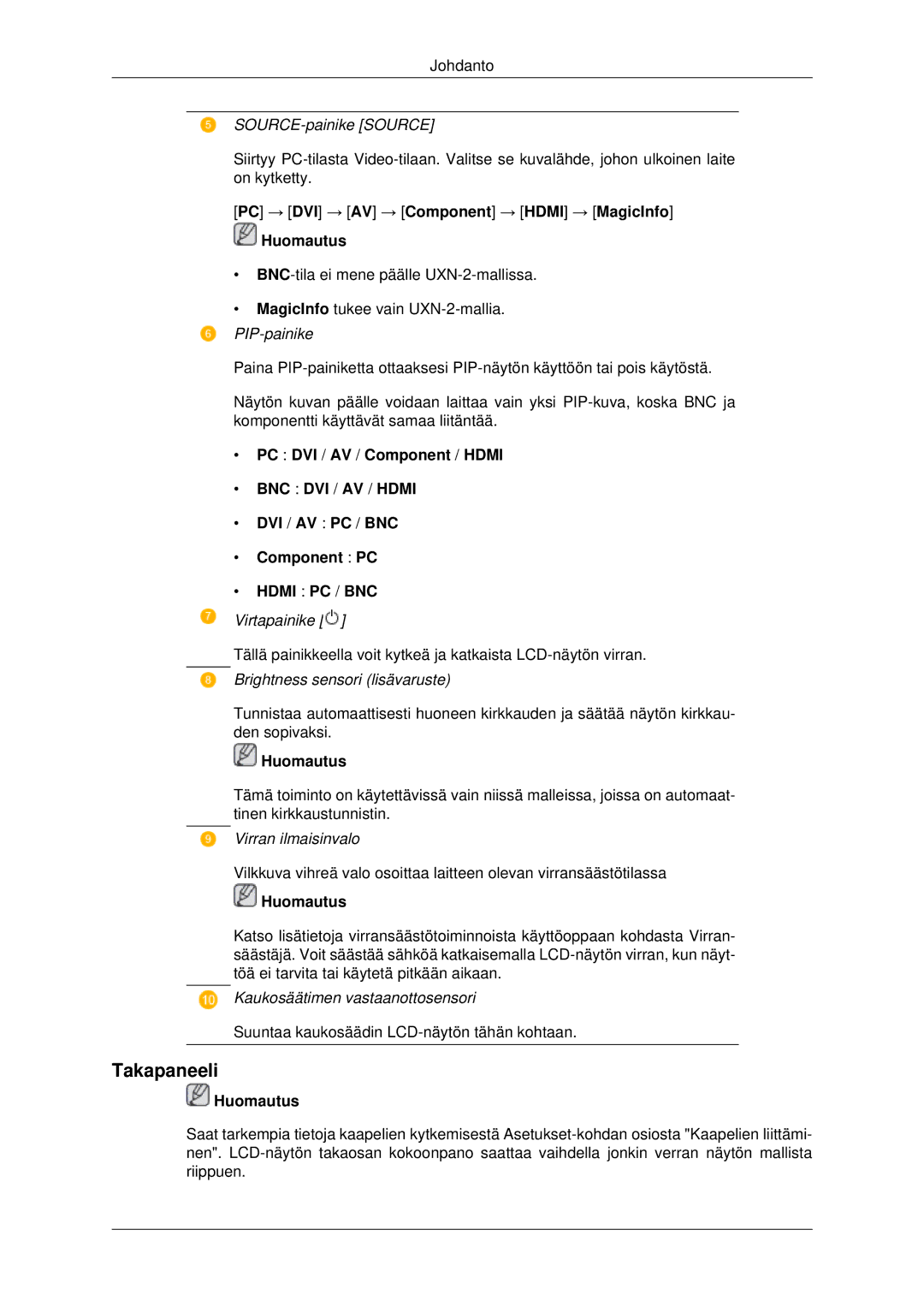 Samsung LH46MRTLBC/EN Takapaneeli, PC → DVI → AV → Component → Hdmi → MagicInfo Huomautus, PC DVI / AV / Component / Hdmi 