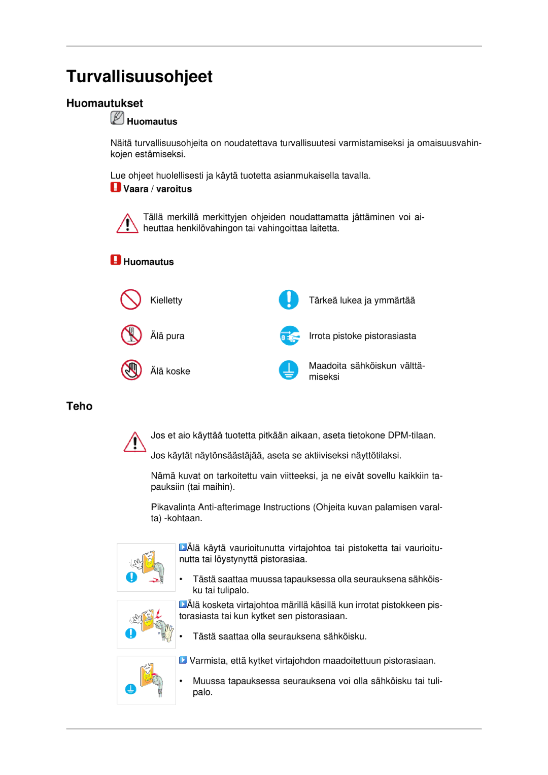 Samsung LH40MRPLBF/EN, LH46MRPLBF/EN, LH40MRTLBC/EN, LH46MRTLBC/EN manual Huomautukset, Teho, Huomautus, Vaara / varoitus 