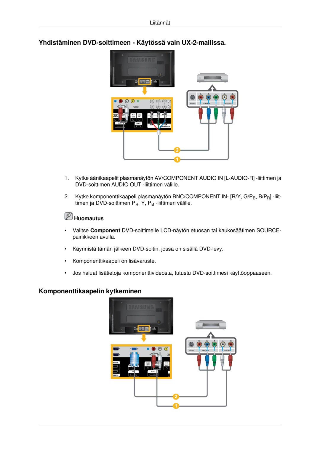 Samsung LH46MRPLBF/EN manual Yhdistäminen DVD-soittimeen Käytössä vain UX-2-mallissa, Komponenttikaapelin kytkeminen 