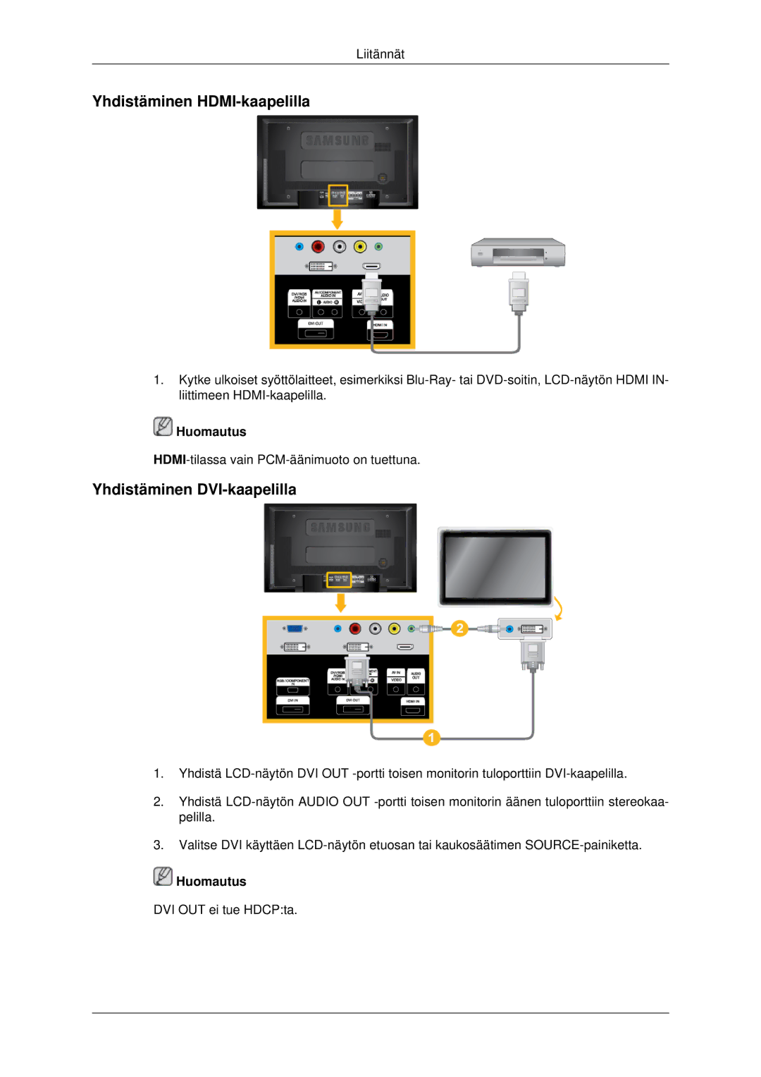 Samsung LH40MRPLBF/EN, LH46MRPLBF/EN, LH40MRTLBC/EN, LH46MRTLBC/EN Yhdistäminen HDMI-kaapelilla, Yhdistäminen DVI-kaapelilla 