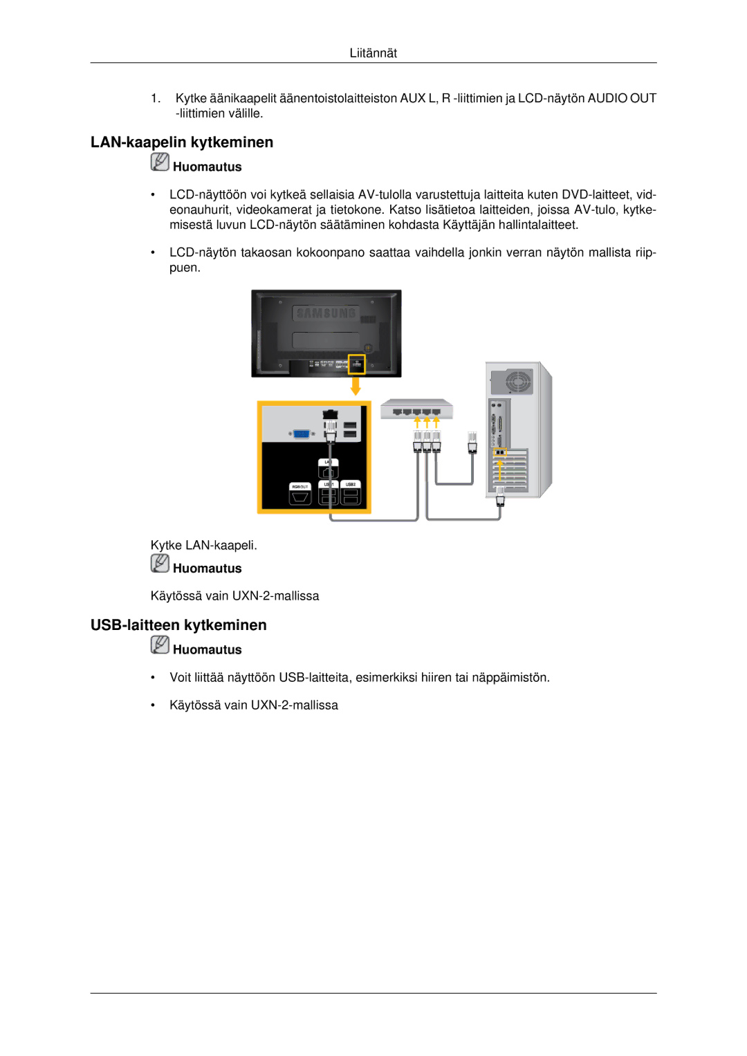 Samsung LH46MRPLBF/EN, LH40MRTLBC/EN, LH40MRPLBF/EN, LH46MRTLBC/EN manual LAN-kaapelin kytkeminen, USB-laitteen kytkeminen 