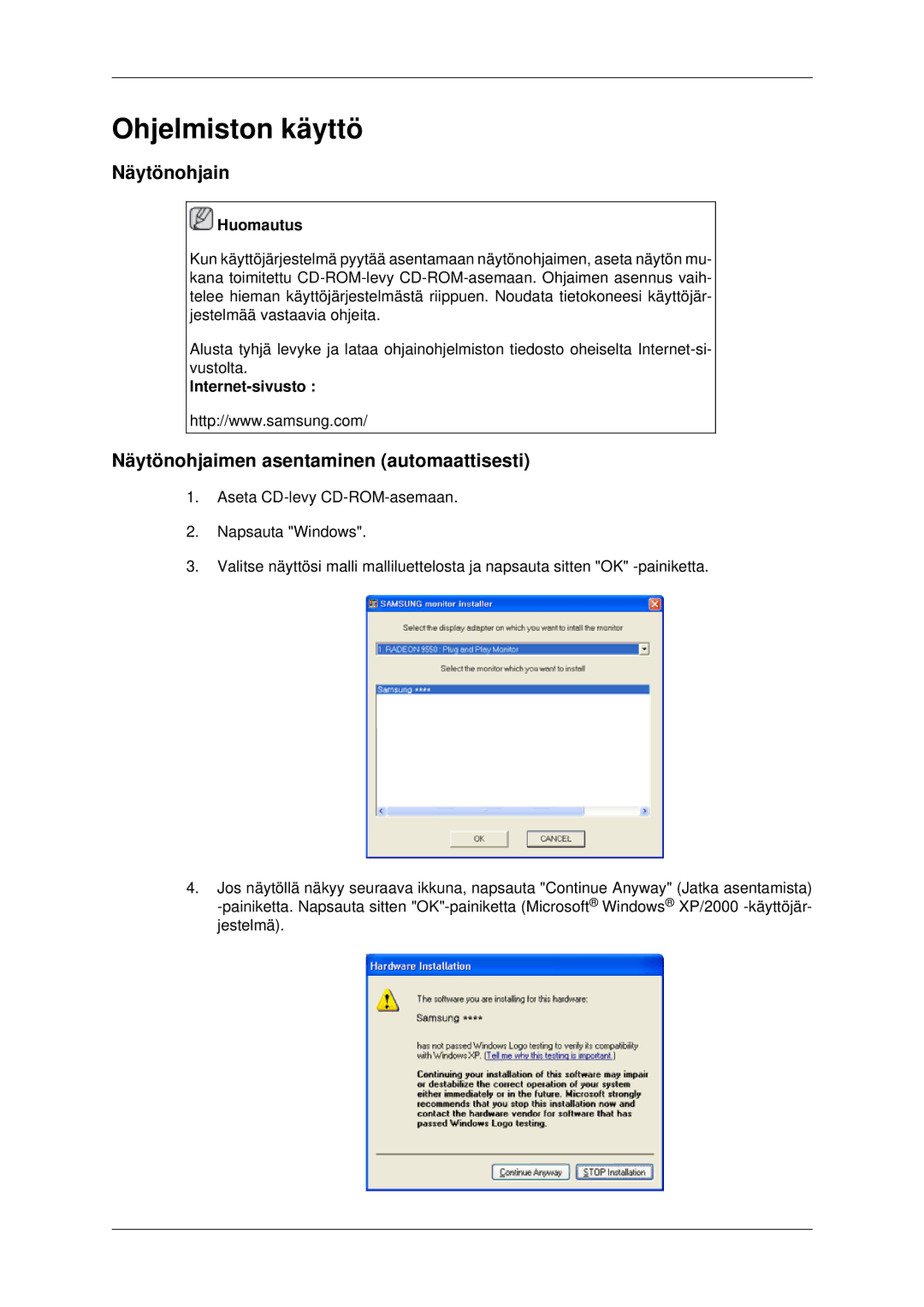 Samsung LH40MRPLBF/EN, LH46MRPLBF/EN manual Näytönohjain, Näytönohjaimen asentaminen automaattisesti, Internet-sivusto 