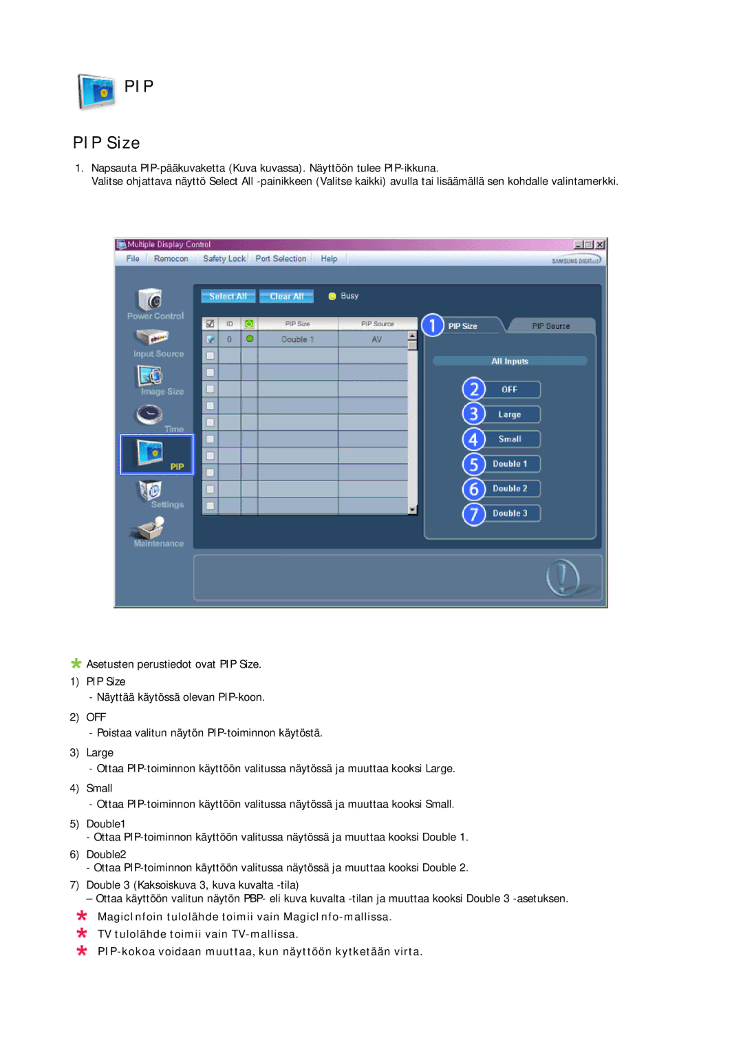 Samsung LH40MRPLBF/EN, LH46MRPLBF/EN, LH40MRTLBC/EN, LH46MRTLBC/EN, LH46MSTLBB/EN manual Pip, PIP Size 