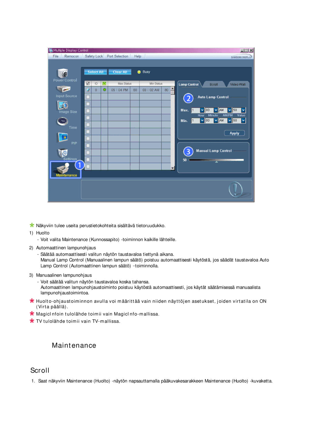 Samsung LH46MSTLBB/EN, LH46MRPLBF/EN, LH40MRTLBC/EN, LH40MRPLBF/EN, LH46MRTLBC/EN manual Maintenance Scroll 