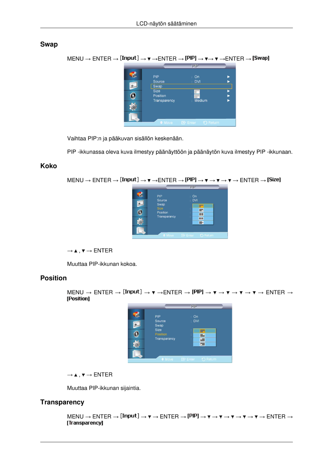 Samsung LH40MRTLBC/EN, LH46MRPLBF/EN, LH40MRPLBF/EN, LH46MRTLBC/EN, LH46MSTLBB/EN manual Swap, Koko, Position, Transparency 