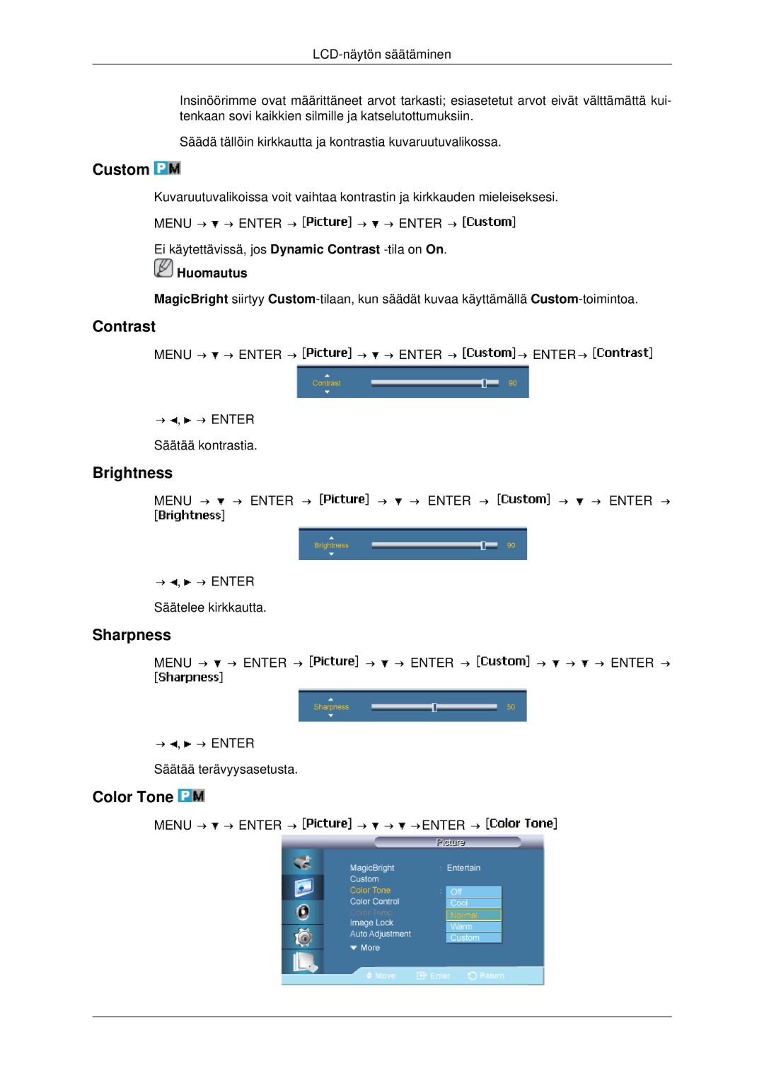 Samsung LH46MSTLBB/EN, LH46MRPLBF/EN, LH40MRTLBC/EN, LH40MRPLBF/EN manual Custom, Contrast, Brightness, Sharpness, Color Tone 