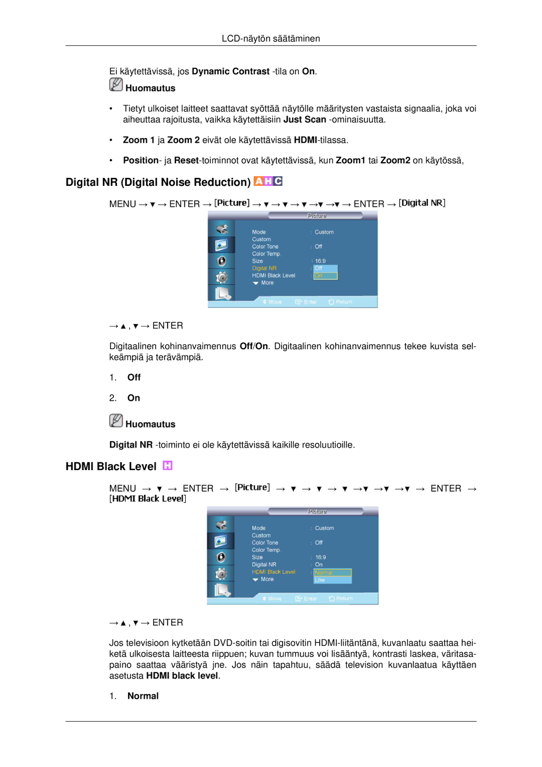 Samsung LH46MRPLBF/EN, LH40MRTLBC/EN, LH40MRPLBF/EN, LH46MRTLBC/EN manual Digital NR Digital Noise Reduction, Off Huomautus 