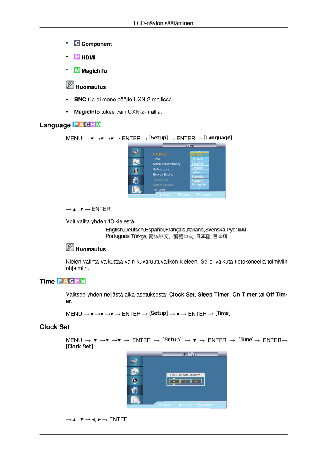 Samsung LH40MRPLBF/EN, LH46MRPLBF/EN, LH40MRTLBC/EN, LH46MRTLBC/EN, LH46MSTLBB/EN manual Language, Time, Clock Set 